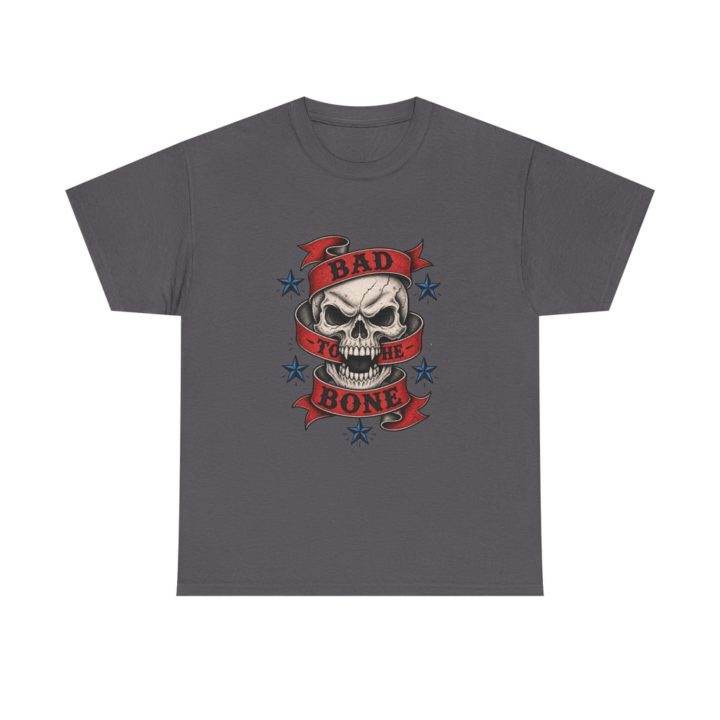 Bad to the Bone Skull Tee — Retro Rocker Biker Graphic T-Shirt