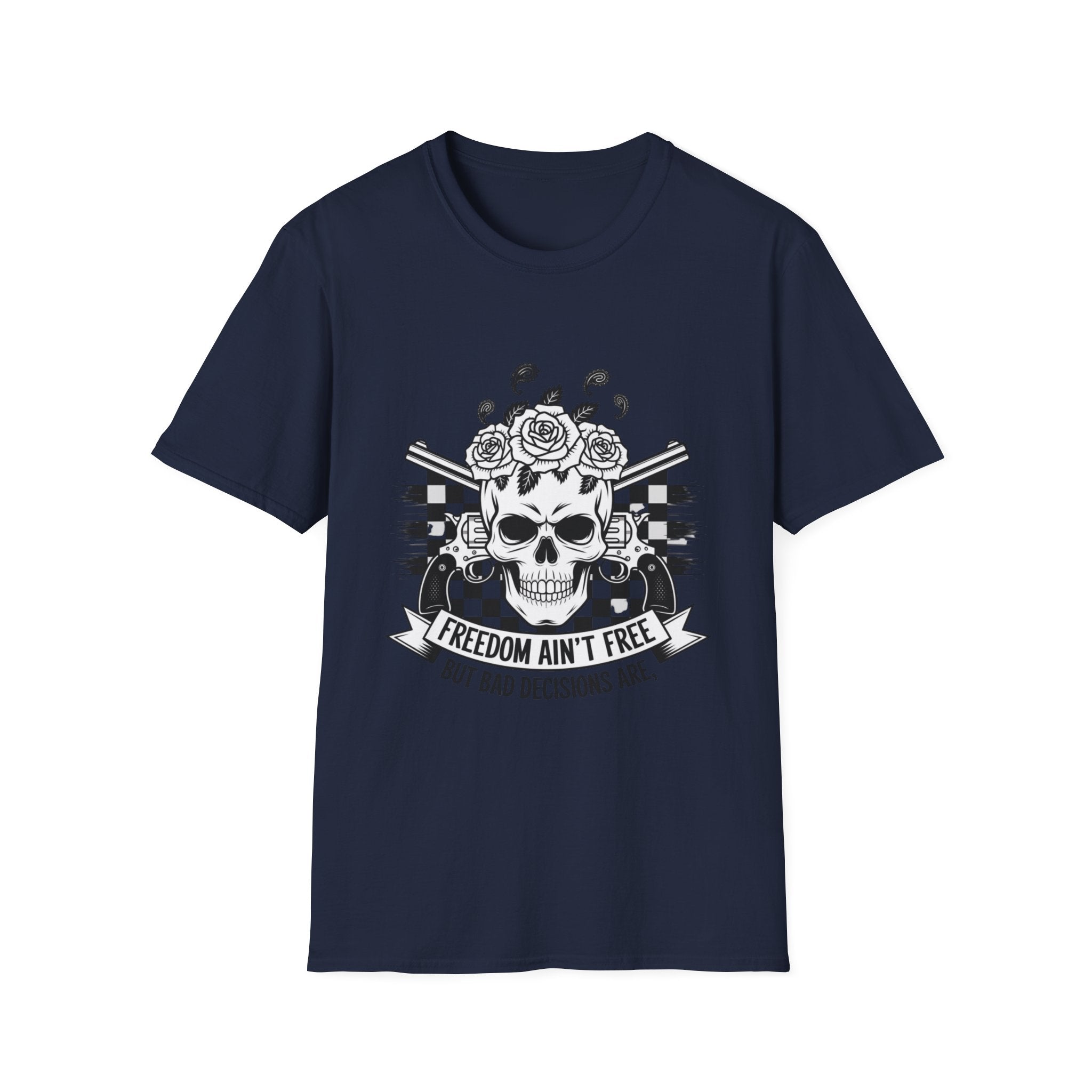 Skull & Roses T‑Shirt — “Freedom Ain’t Free” Racing Flag Graphic