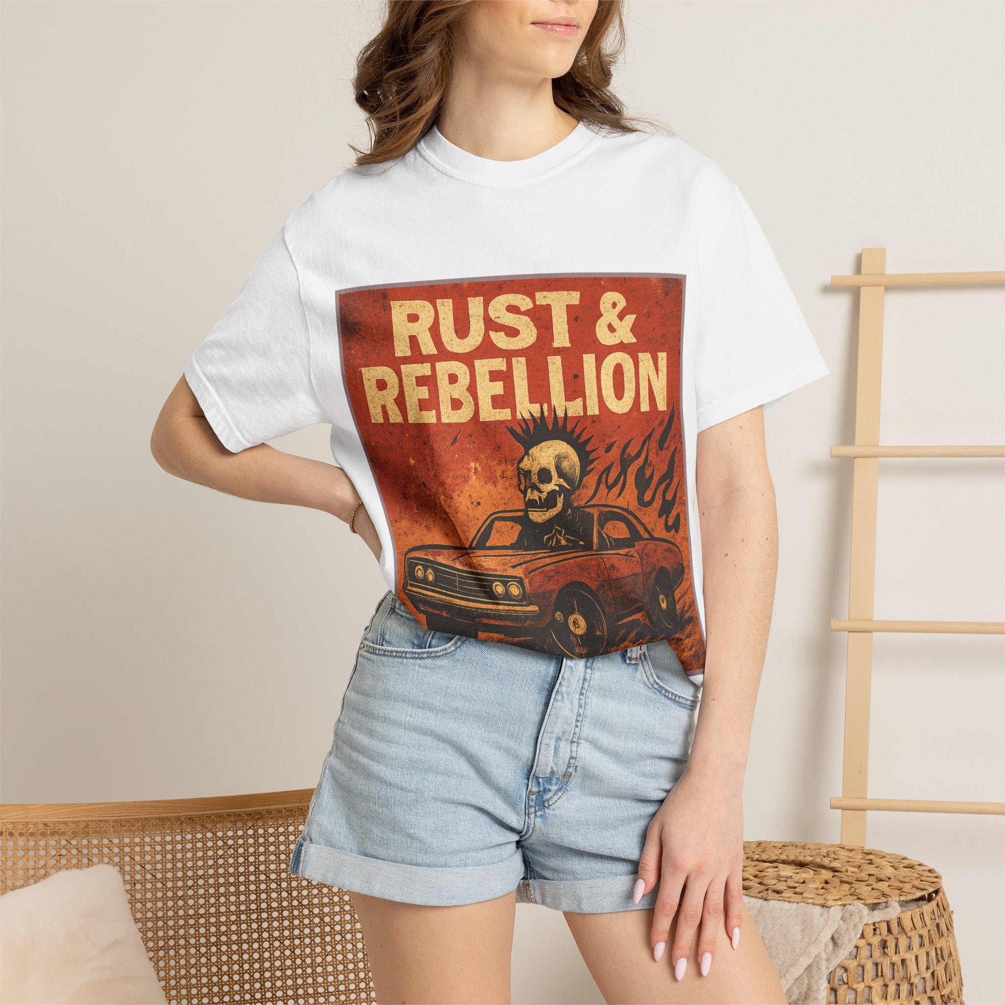 Rust & Rebellion Graphic T-Shirt — Skull Muscle Car Vintage Poster Design