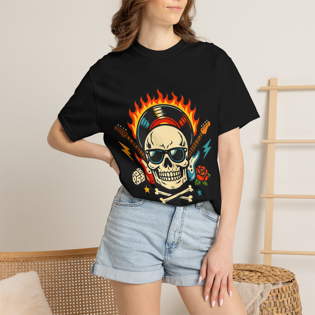 Rock Skull Graphic T-Shirt — Flaming Skull, Guitars & Dice Tattoo Art