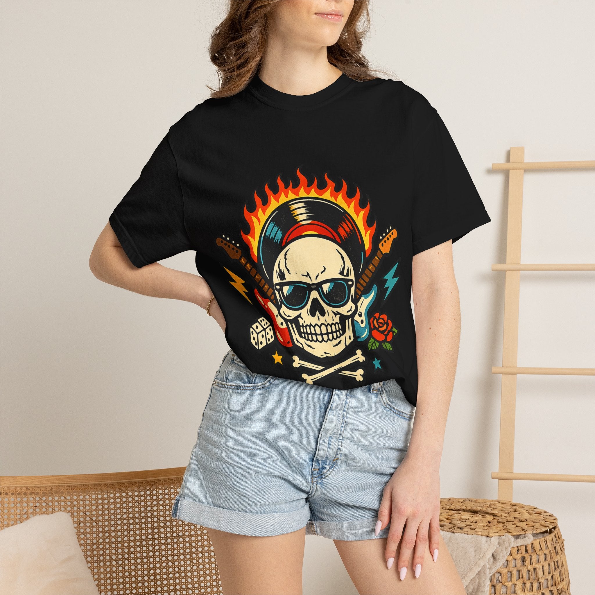 Rock Skull Graphic T-Shirt — Flaming Skull, Guitars & Dice Tattoo Art