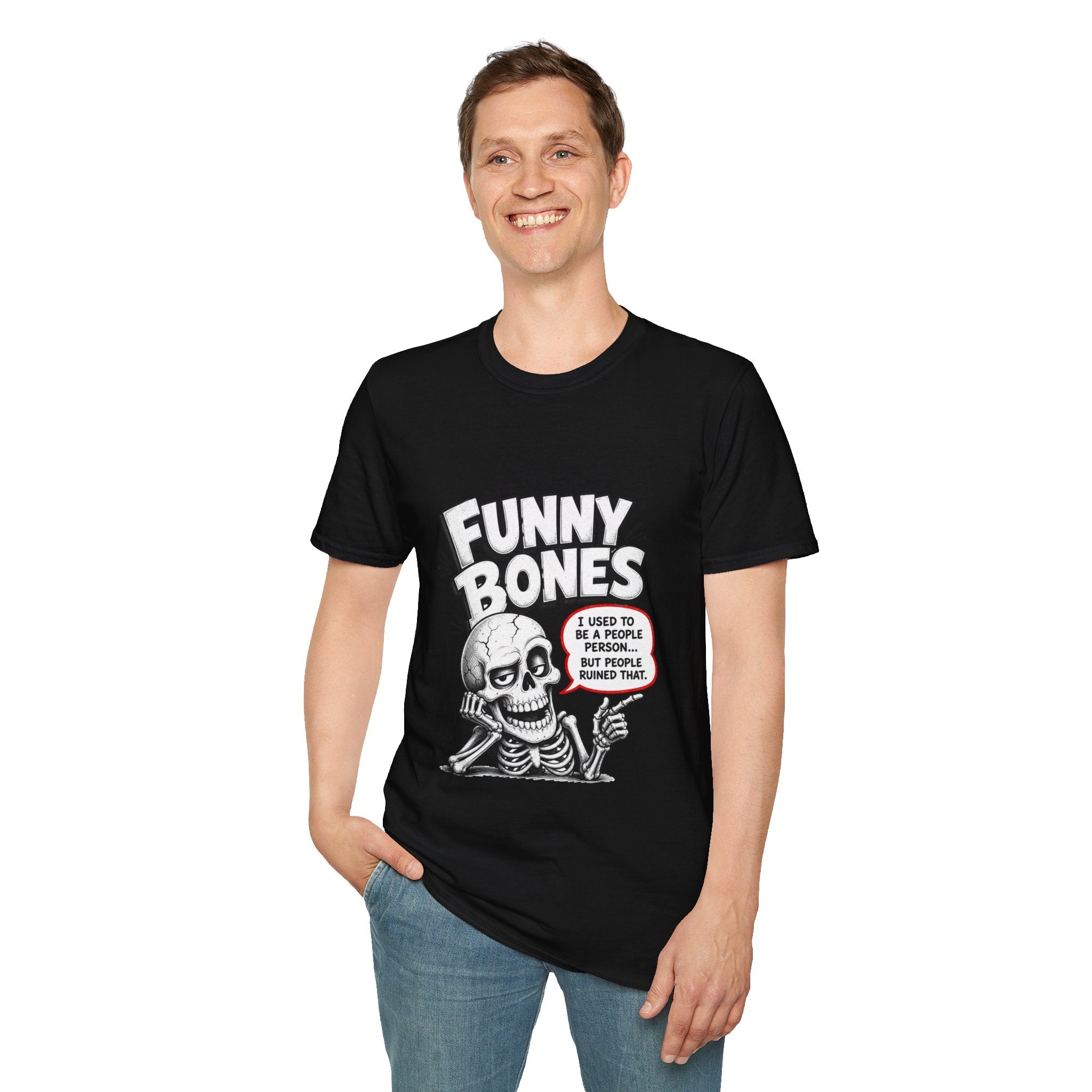 Funny Bones Skeleton T-Shirt — Humorous Retro Skull Tee (I Used to Be a People Person)