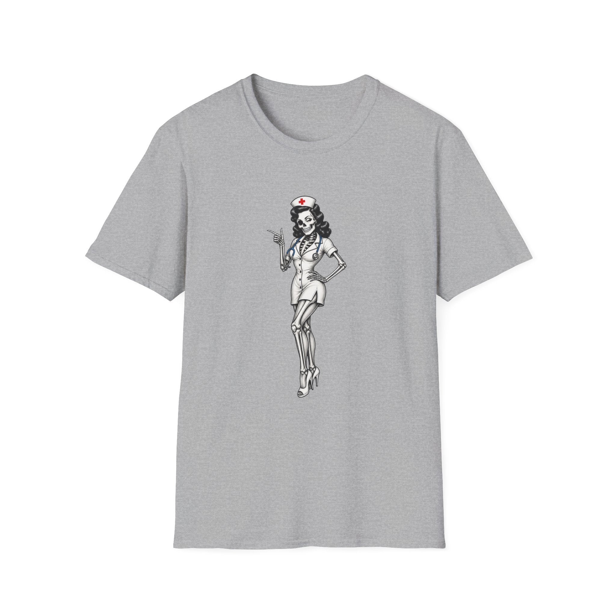 Vintage Pinup Nurse T-Shirt — Retro Skeleton Nurse Graphic Tee