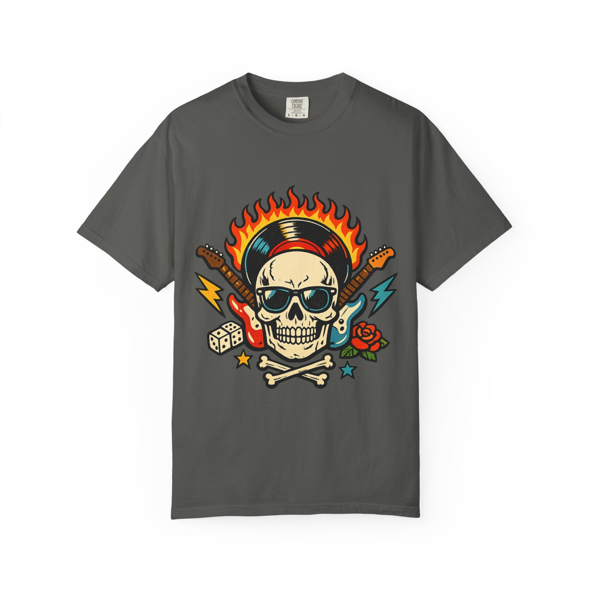 Rock Skull Graphic T-Shirt — Flaming Skull, Guitars & Dice Tattoo Art