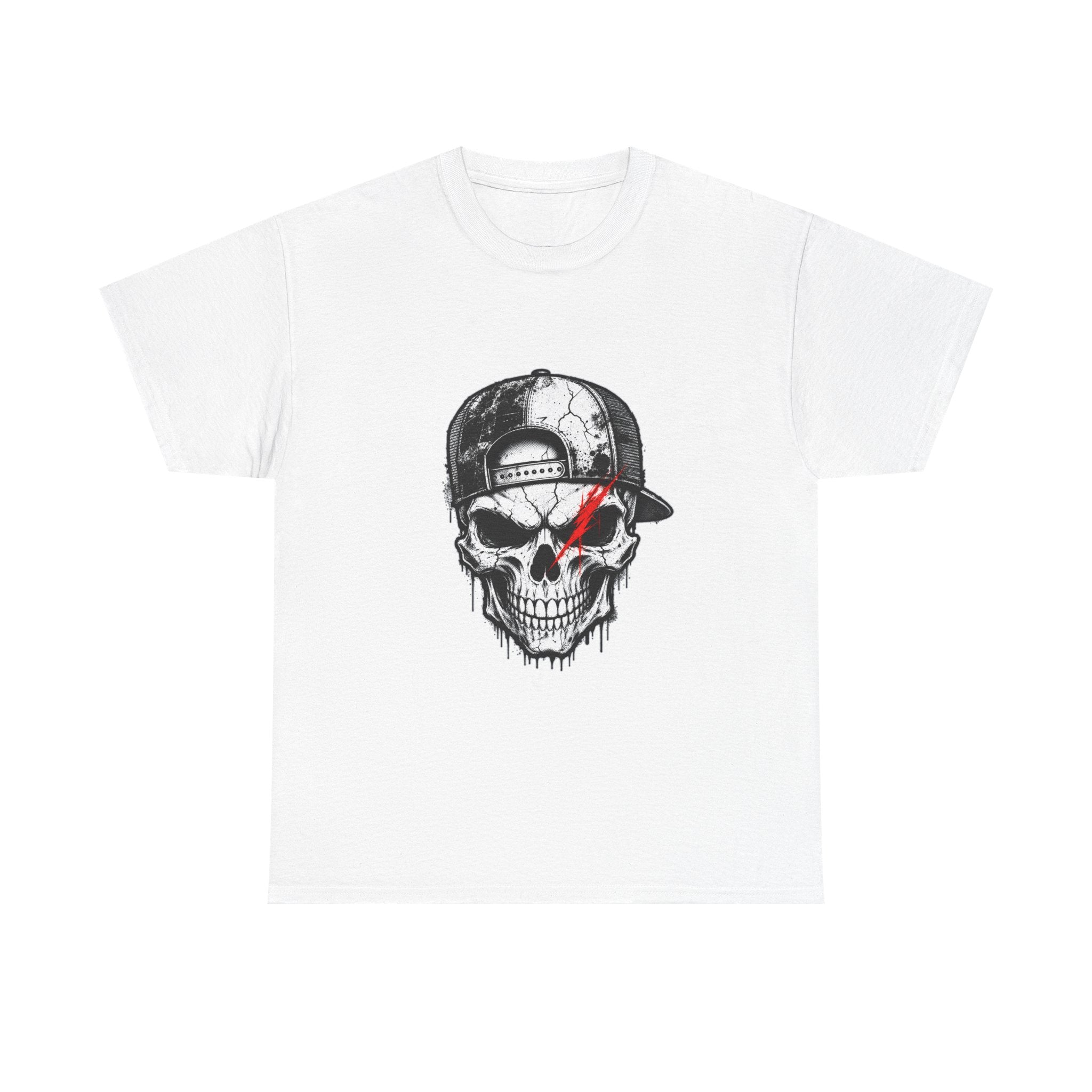 Skull Cap T-Shirt — Grunge Skull with Red Eye Slash Graphic