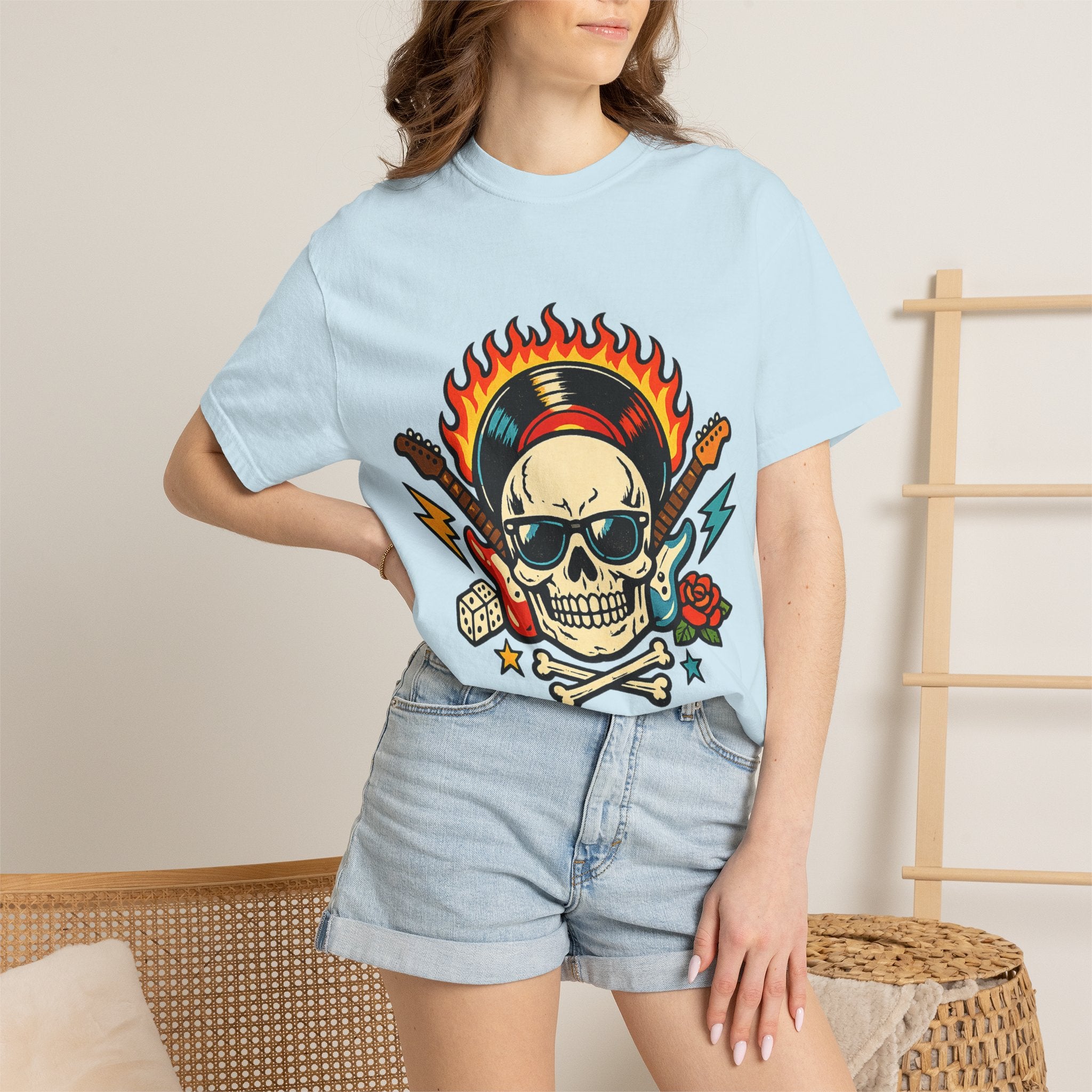 Rock Skull Graphic T-Shirt — Flaming Skull, Guitars & Dice Tattoo Art