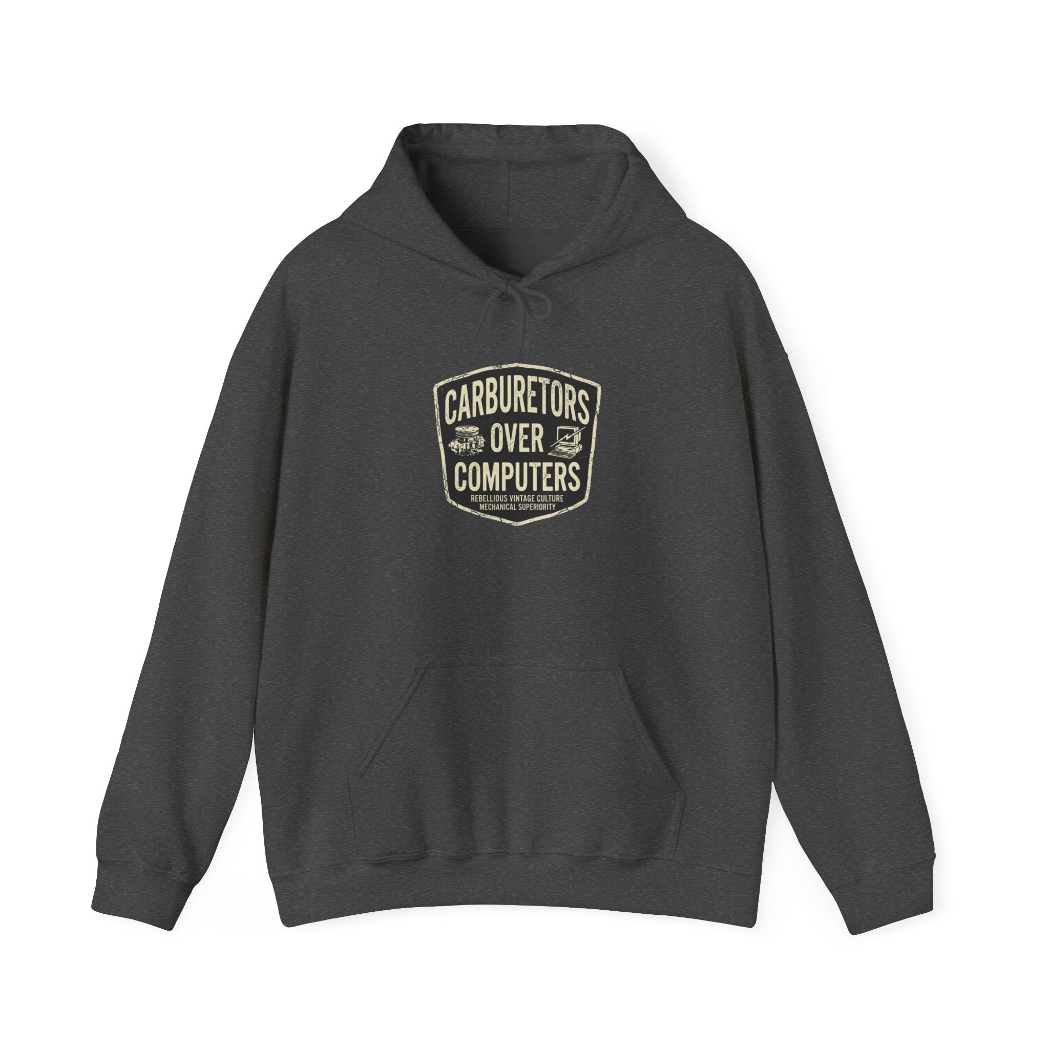 Carburetors Over Computers Hoodie — Vintage Mechanic Engine Enthusiast Pullover