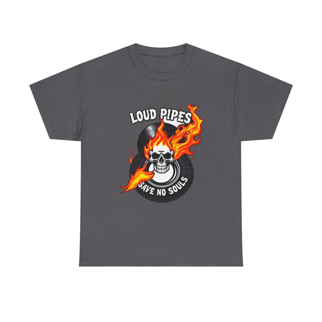 Loud Pipes Save No Souls Graphic Tee — Flaming Skull Vinyl Shirt