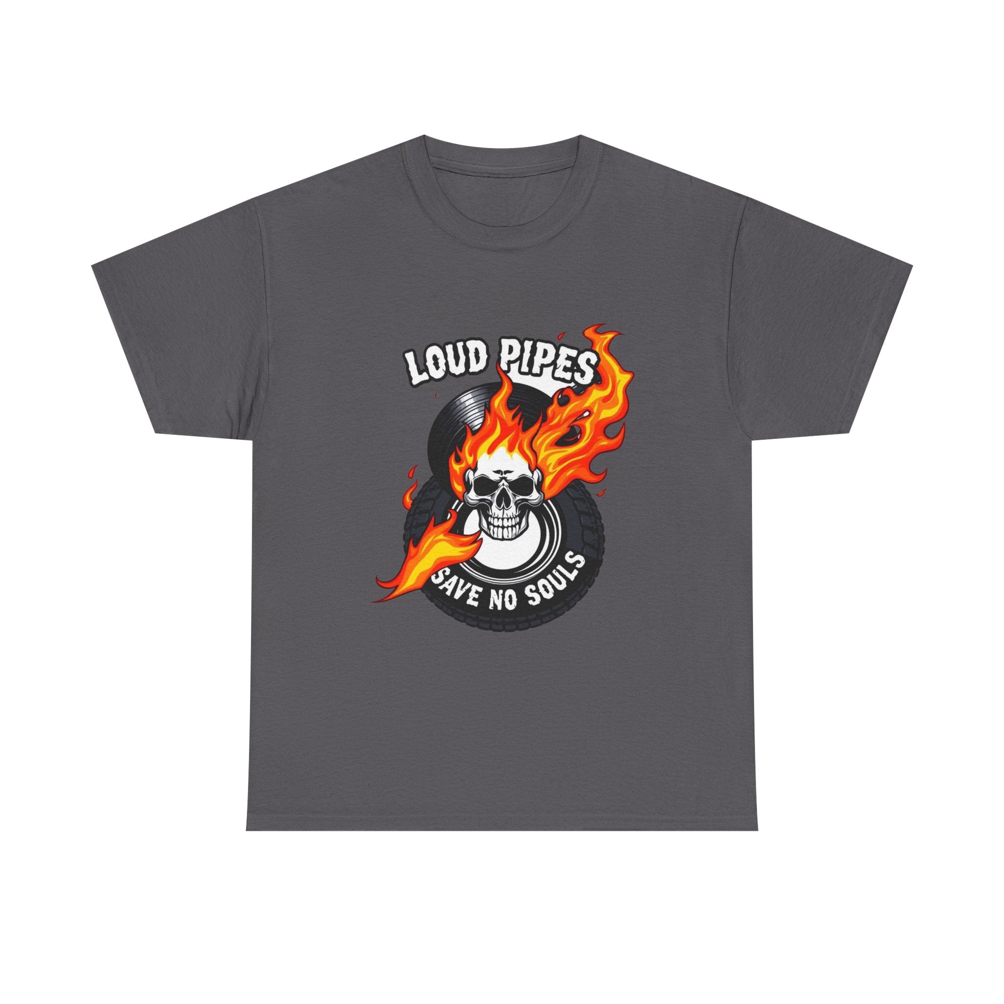 Loud Pipes Save No Souls Graphic Tee — Flaming Skull Vinyl Shirt