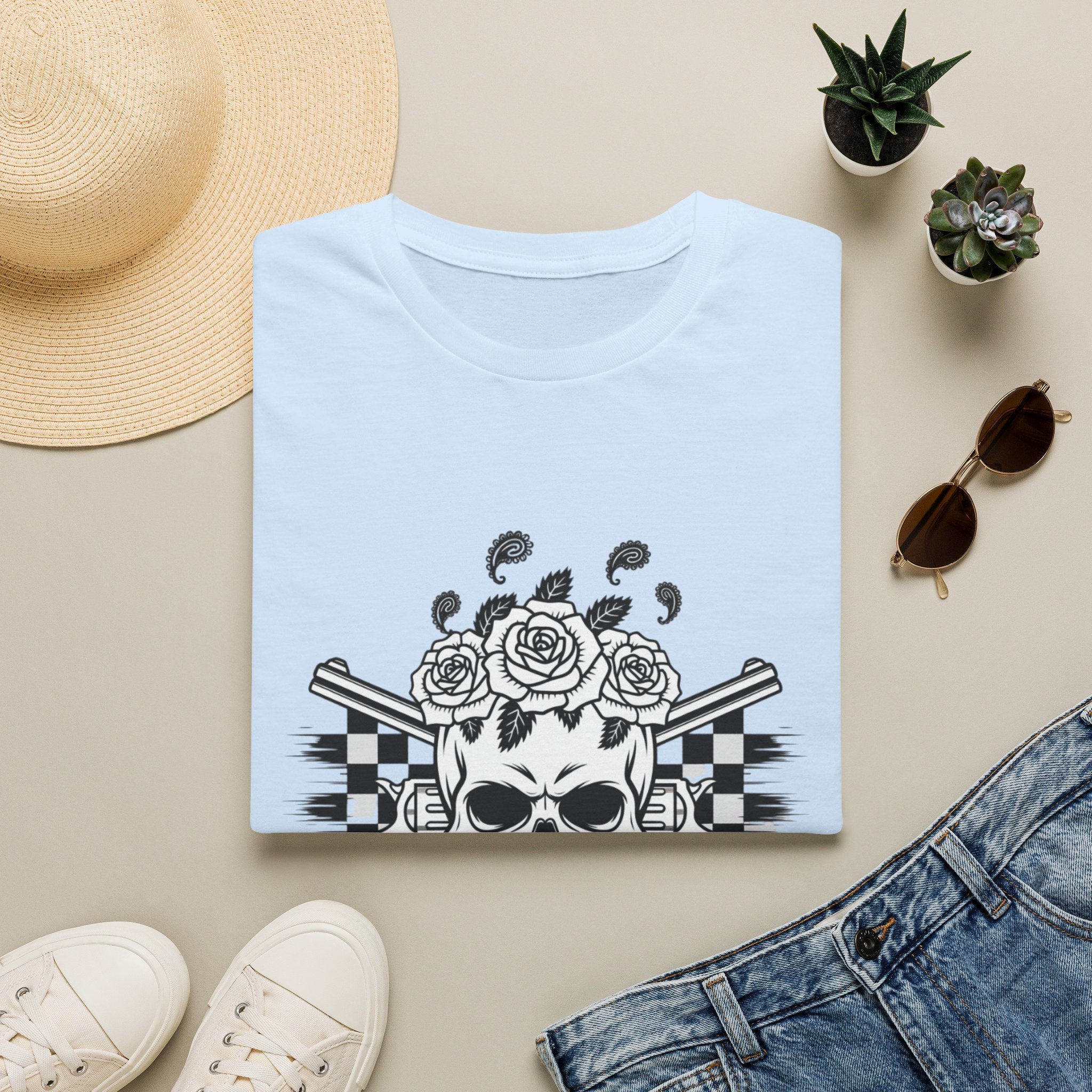 Skull & Roses T‑Shirt — “Freedom Ain’t Free” Racing Flag Graphic