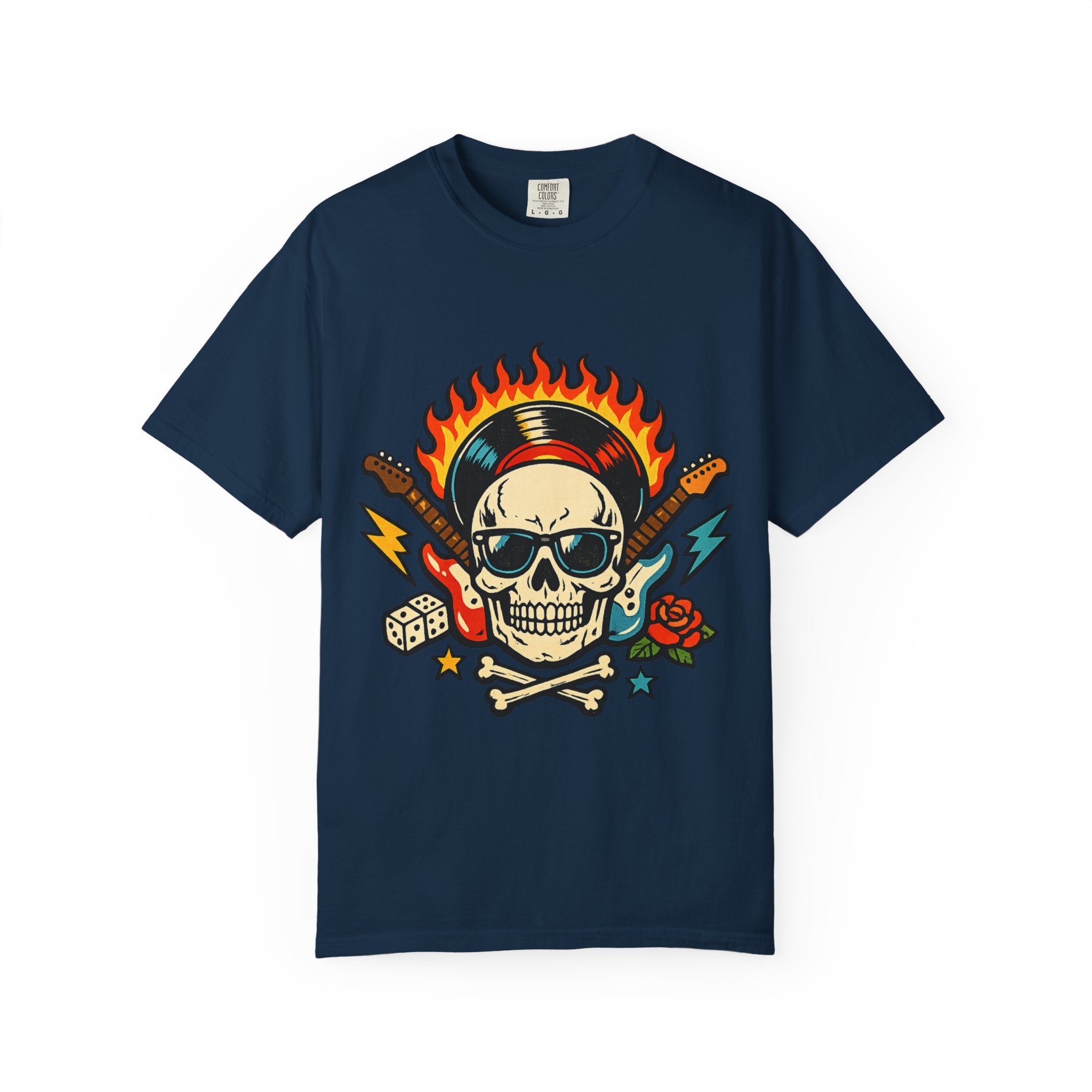 Rock Skull Graphic T-Shirt — Flaming Skull, Guitars & Dice Tattoo Art