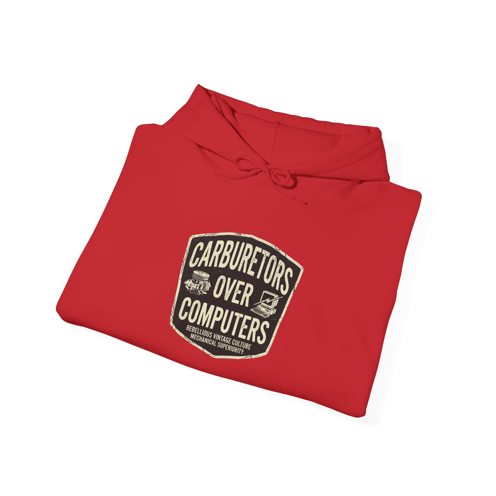 Carburetors Over Computers Hoodie — Vintage Mechanic Engine Enthusiast Pullover