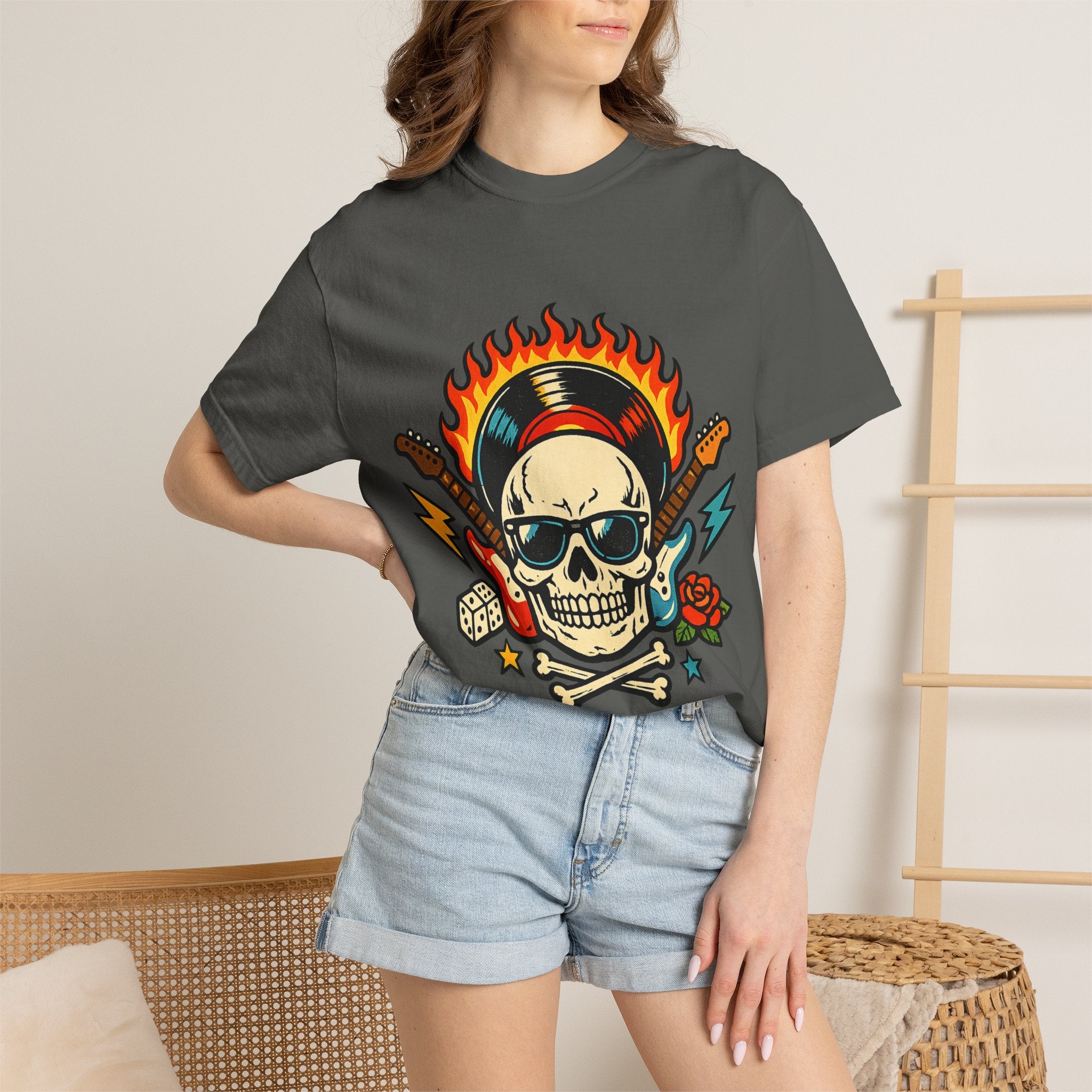 Rock Skull Graphic T-Shirt — Flaming Skull, Guitars & Dice Tattoo Art