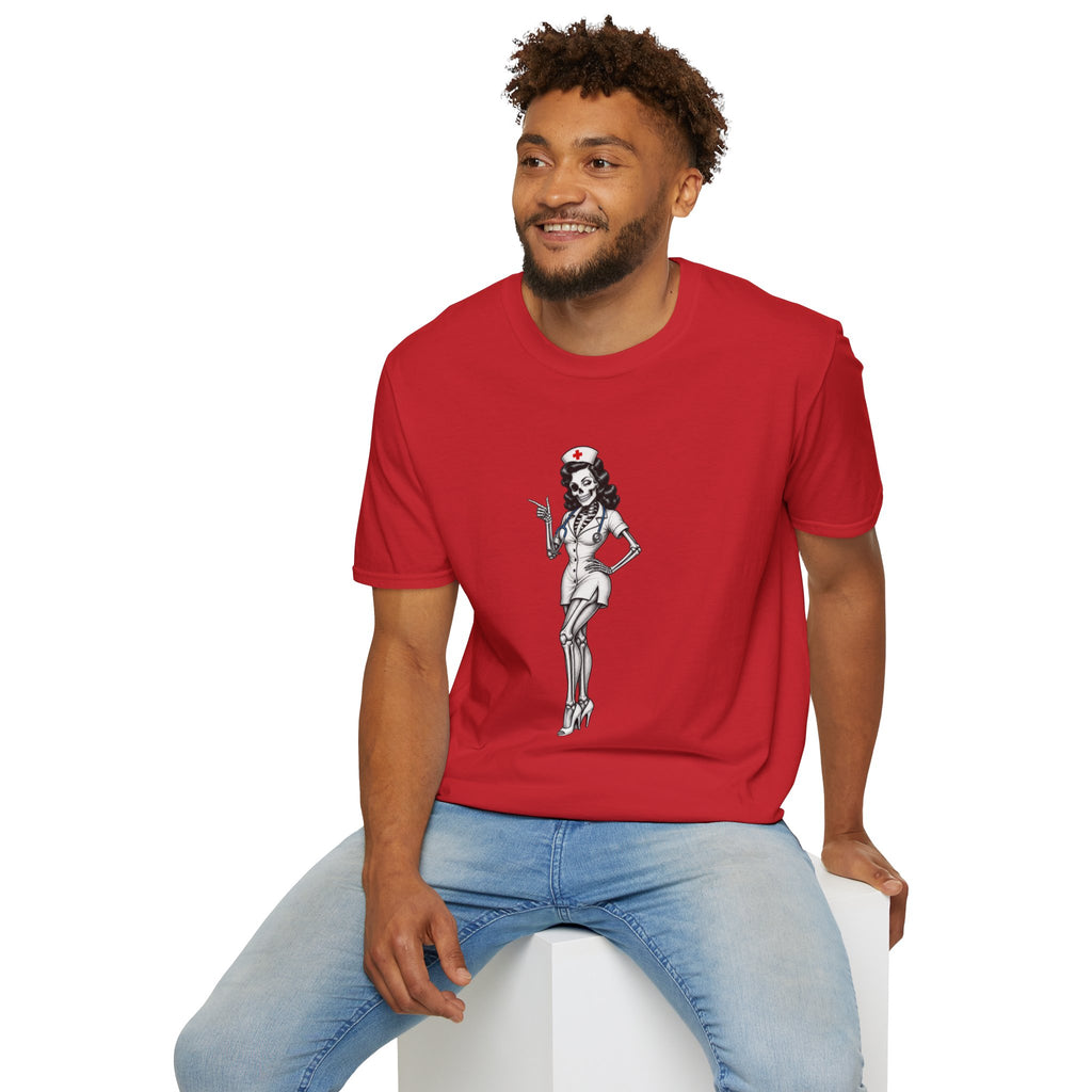 Vintage Pinup Nurse T-Shirt — Retro Skeleton Nurse Graphic Tee
