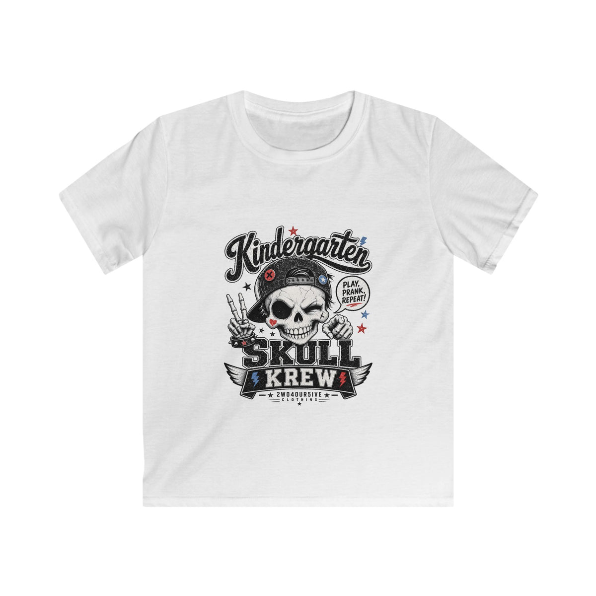 Kids Tee — "Kindergarten Skull Krew" Graphic T‑Shirt (Back‑to‑School, Playful Punk Design)
