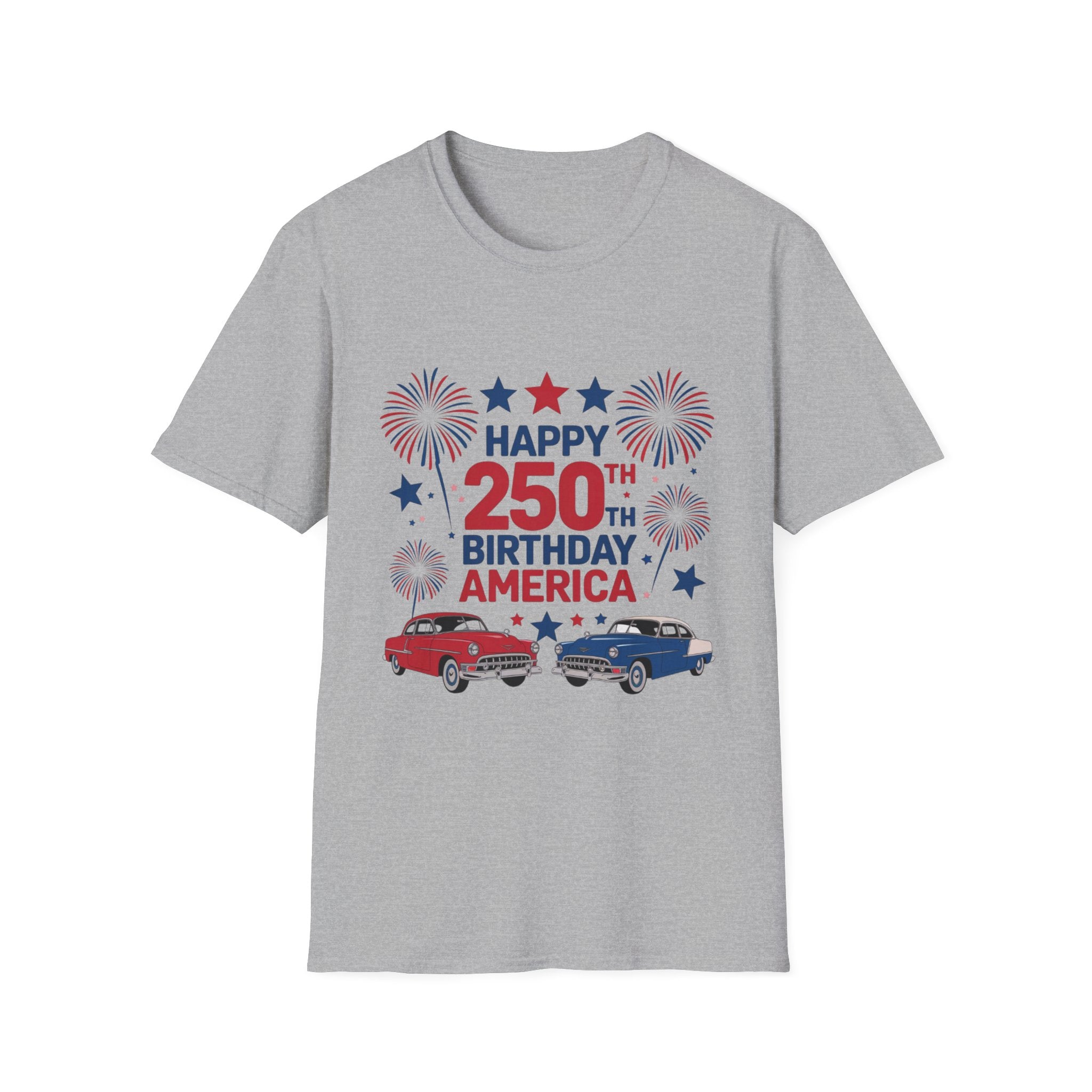 Happy 250th Birthday America T-Shirt — Patriotic Fireworks & Classic Trucks