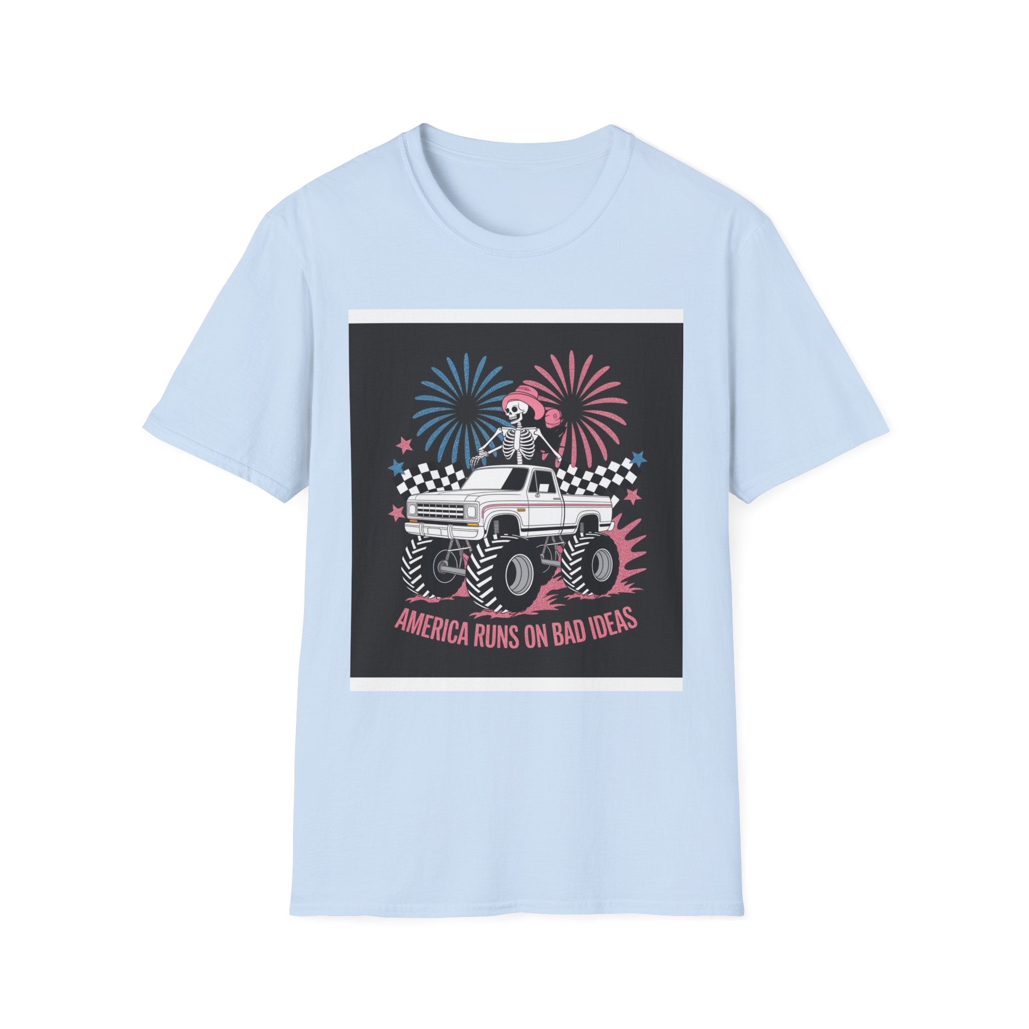Fourth of July Monster Truck T‑Shirt — 'America Runs on Dad Jokes' Skeleton Design