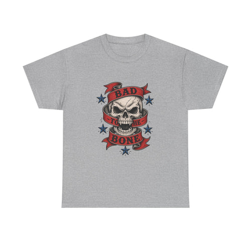Bad to the Bone Skull Tee — Retro Rocker Biker Graphic T-Shirt