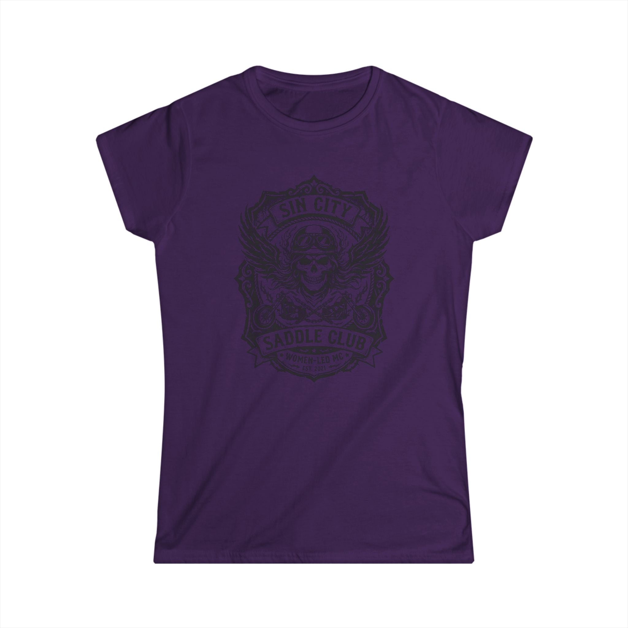 Sin City Saddle Club Skull Tee — Women's Biker Graphic T-Shirt
