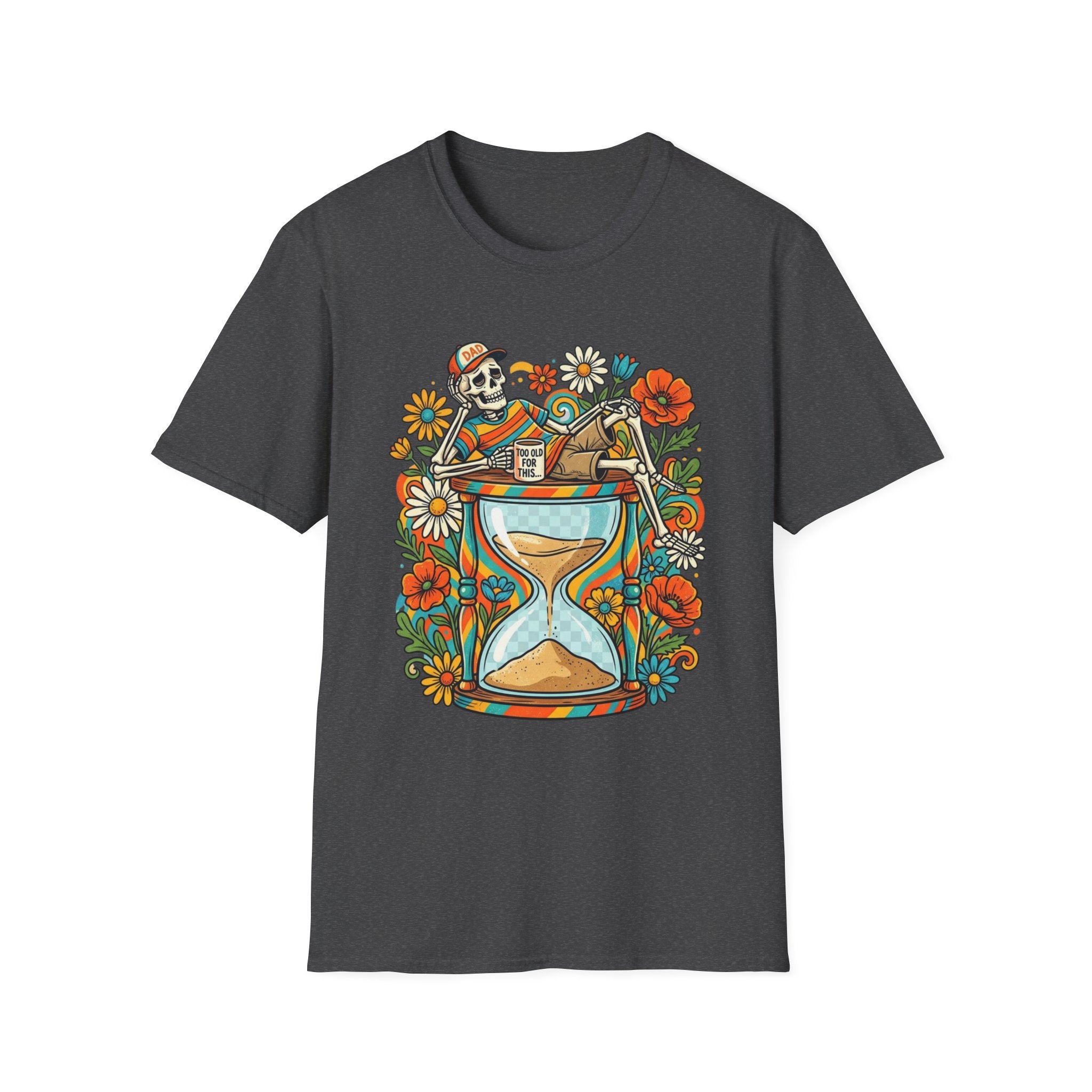 Skeleton Hourglass T-Shirt — Relaxed Skull & Flowers Retro Graphic Tee