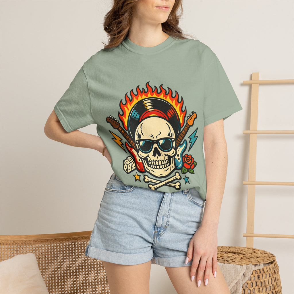 Rock Skull Graphic T-Shirt — Flaming Skull, Guitars & Dice Tattoo Art