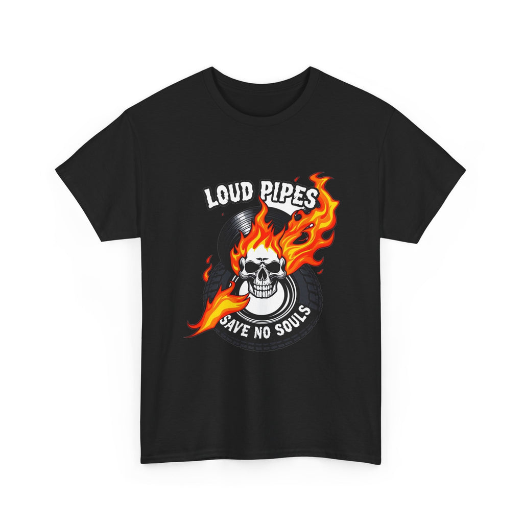 Loud Pipes Save No Souls Graphic Tee — Flaming Skull Vinyl Shirt