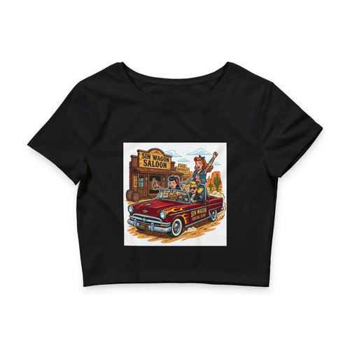 Women’s Crop Tee — Retro Cowgirl Road Trip 'Sin Wagon Saloon' Graphic - 2wo4our5ive Clothing