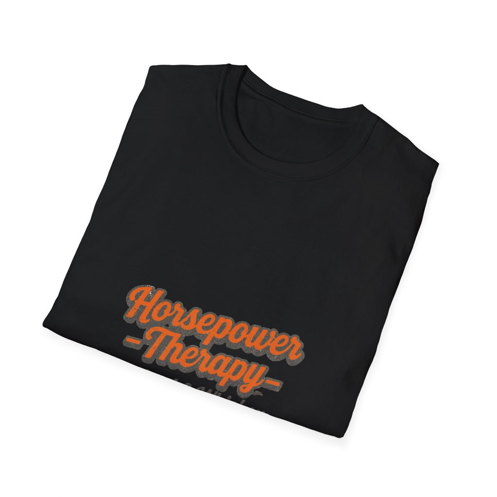 Horsepower Therapy T-Shirt — "Horsepower Therapy: Vinyl & Whiskey" Retro Automotive Tee