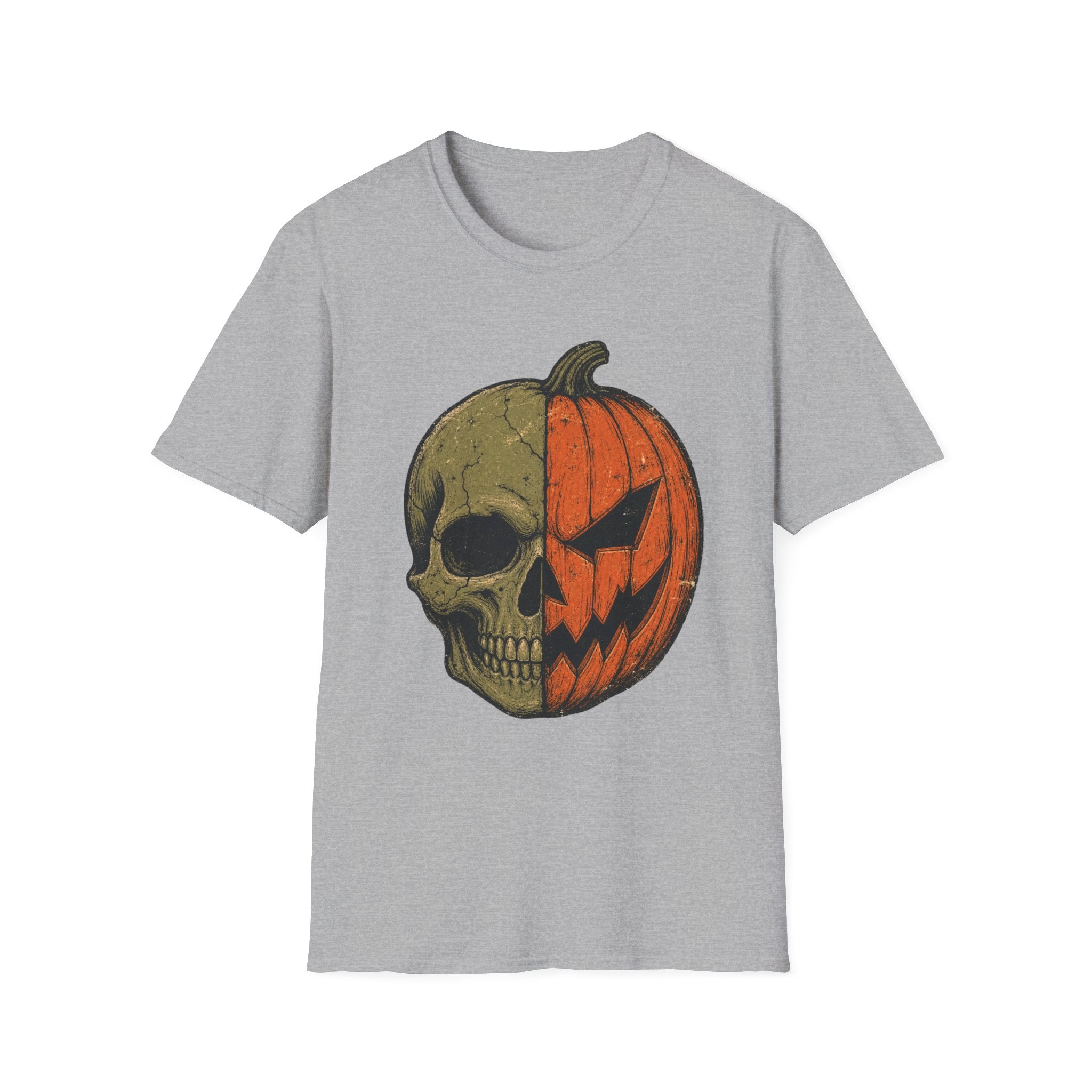 Pumpkin Skull T-Shirt — Half Jack-O’-Lantern Halloween Tee