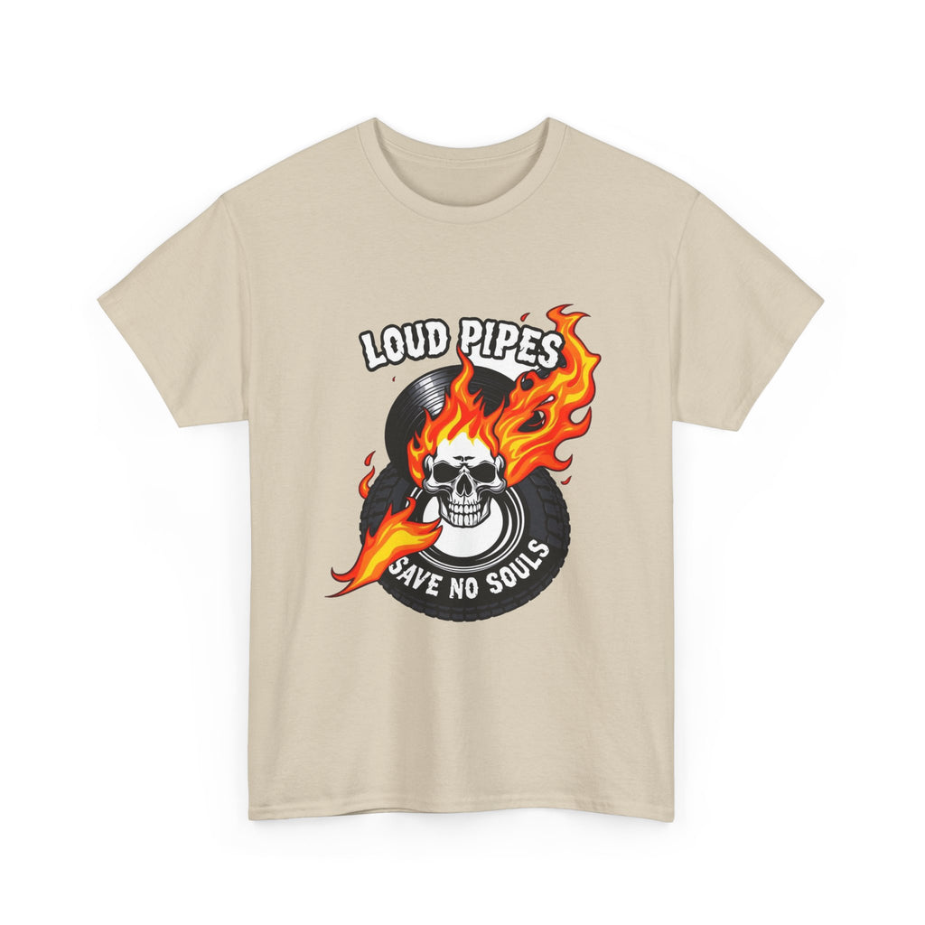 Loud Pipes Save No Souls Graphic Tee — Flaming Skull Vinyl Shirt