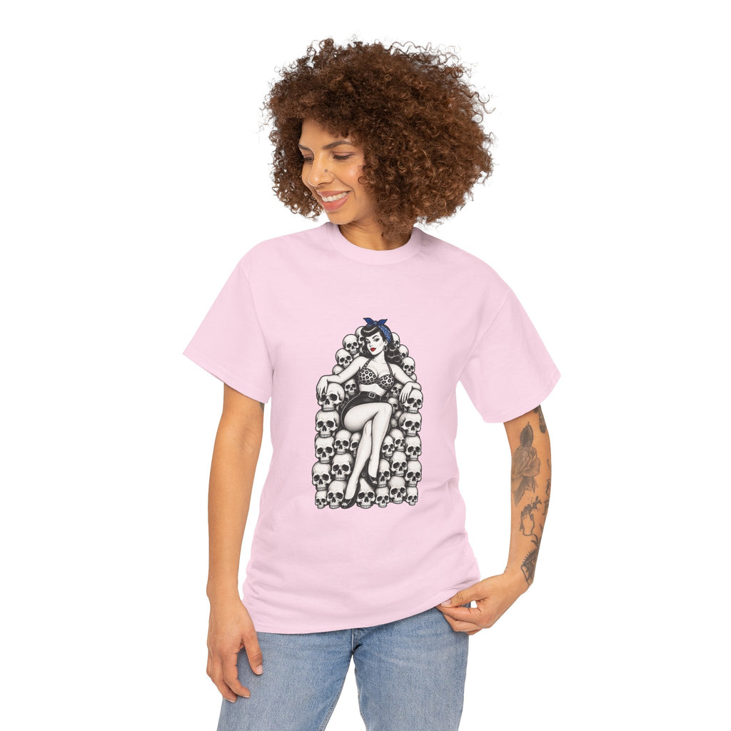 Skull Throne Pin-Up T-Shirt — Retro Goth Rockabilly Tee