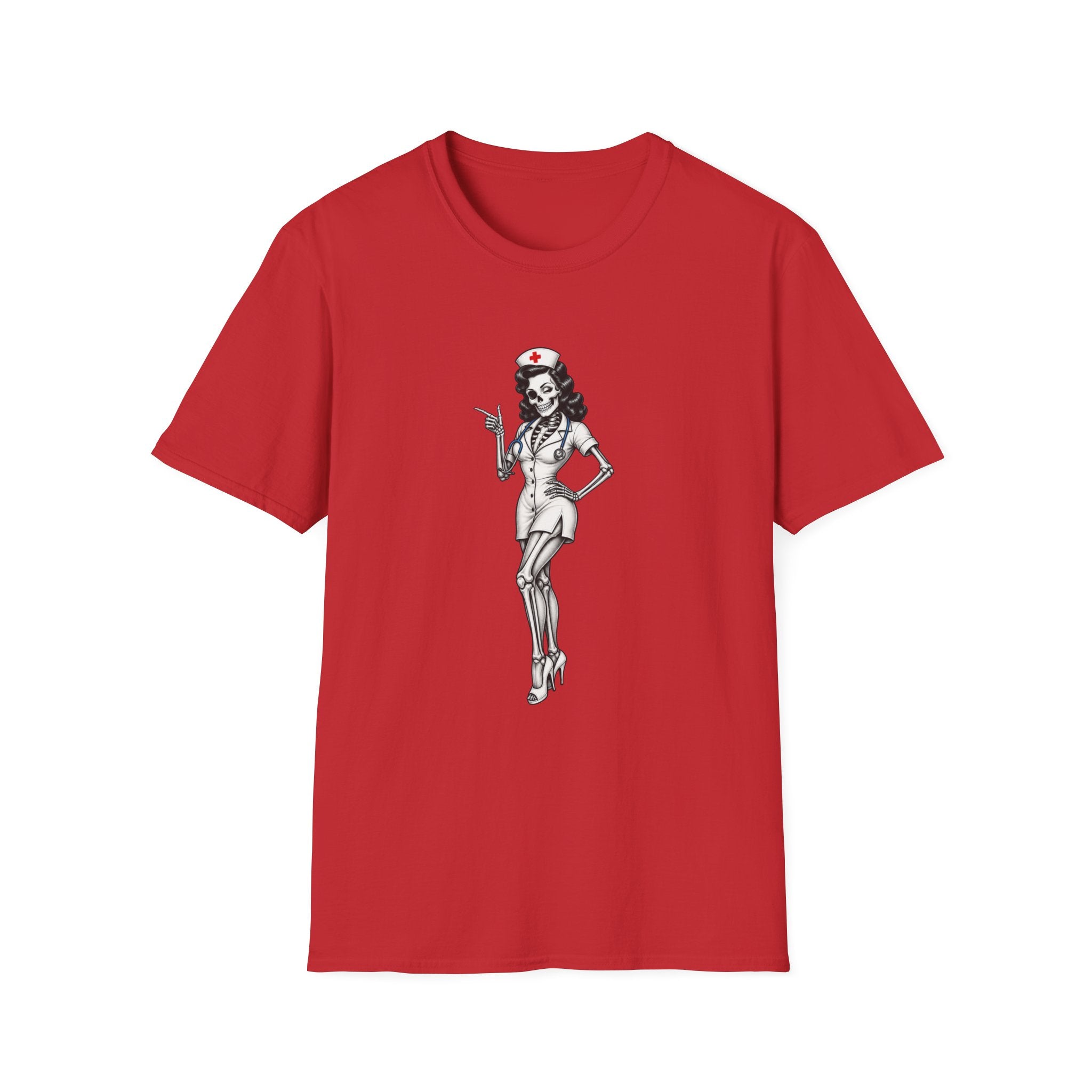 Vintage Pinup Nurse T-Shirt — Retro Skeleton Nurse Graphic Tee