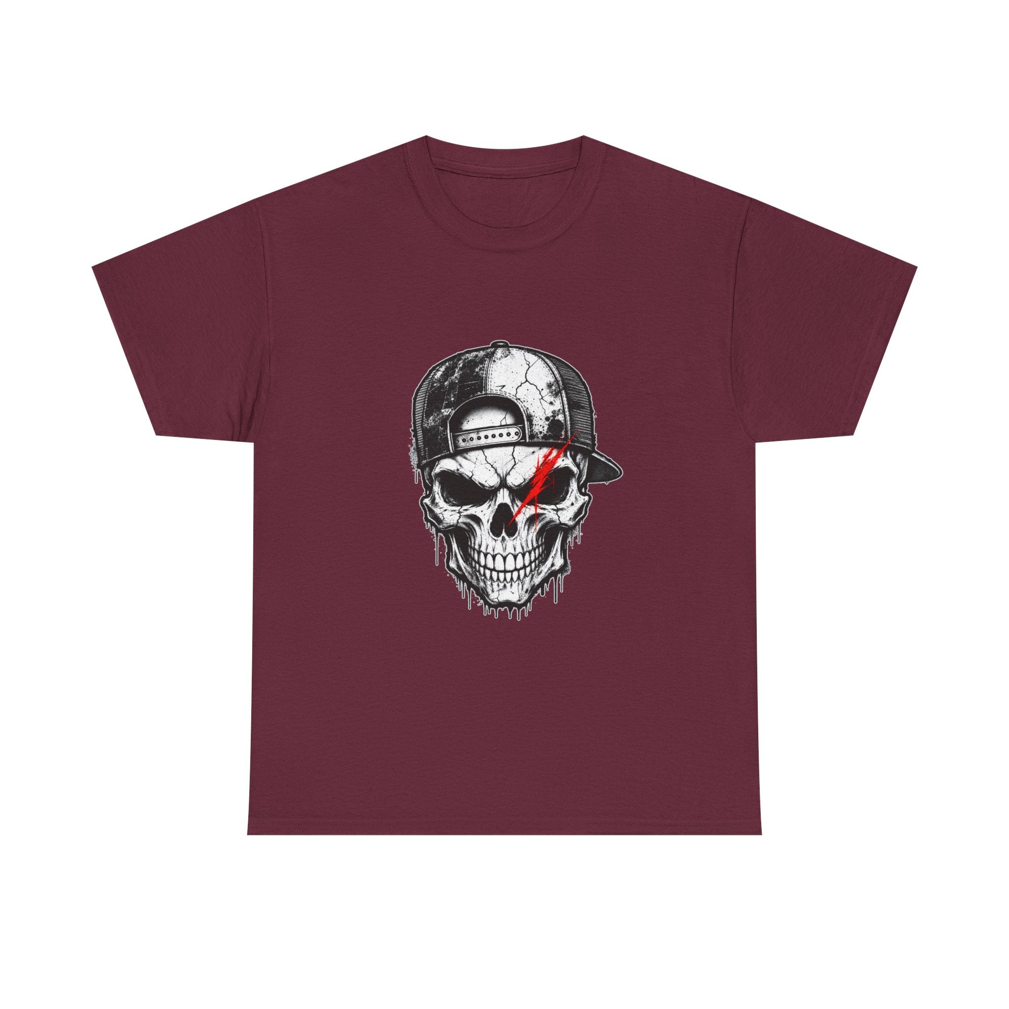 Skull Cap T-Shirt — Grunge Skull with Red Eye Slash Graphic