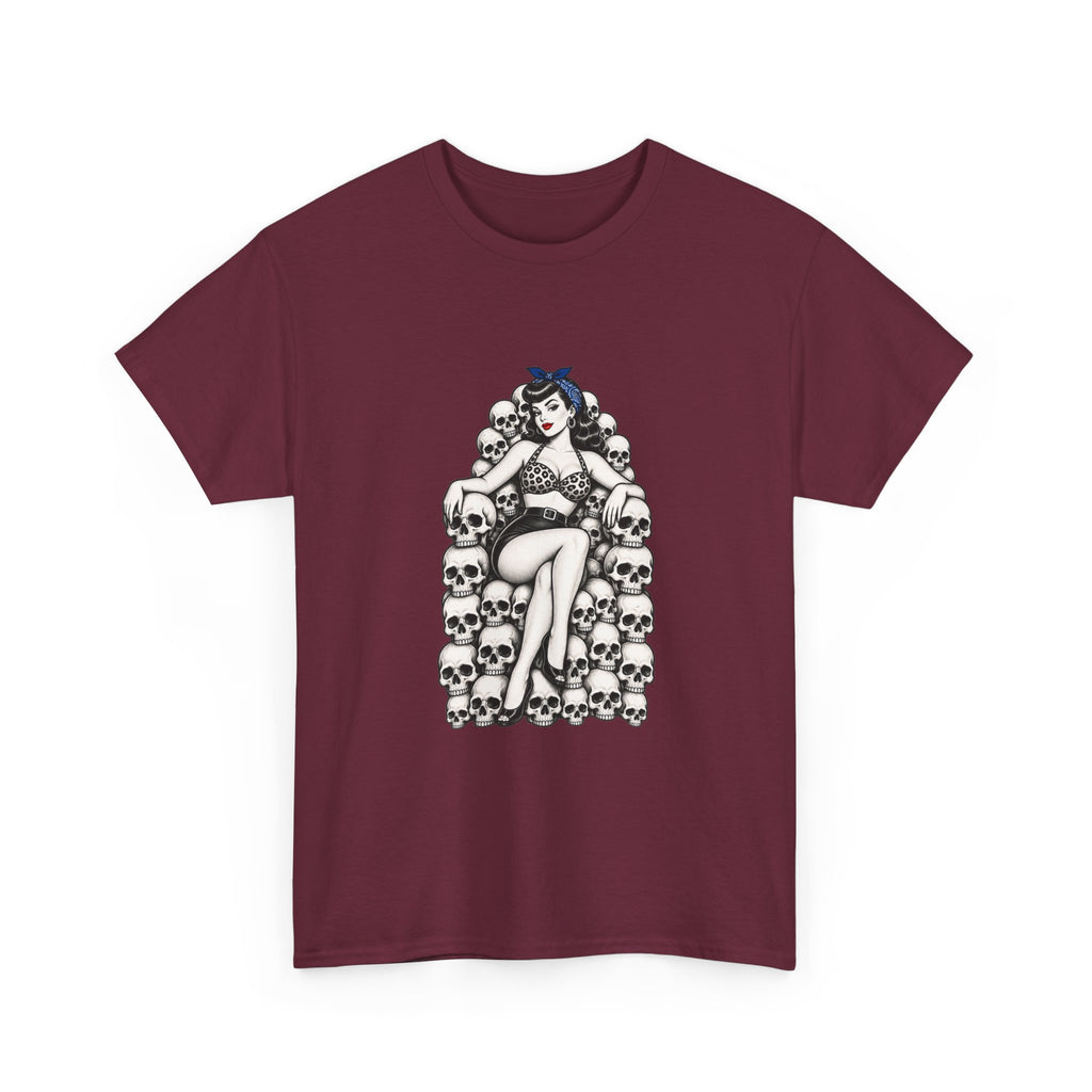 Skull Throne Pin-Up T-Shirt — Retro Goth Rockabilly Tee