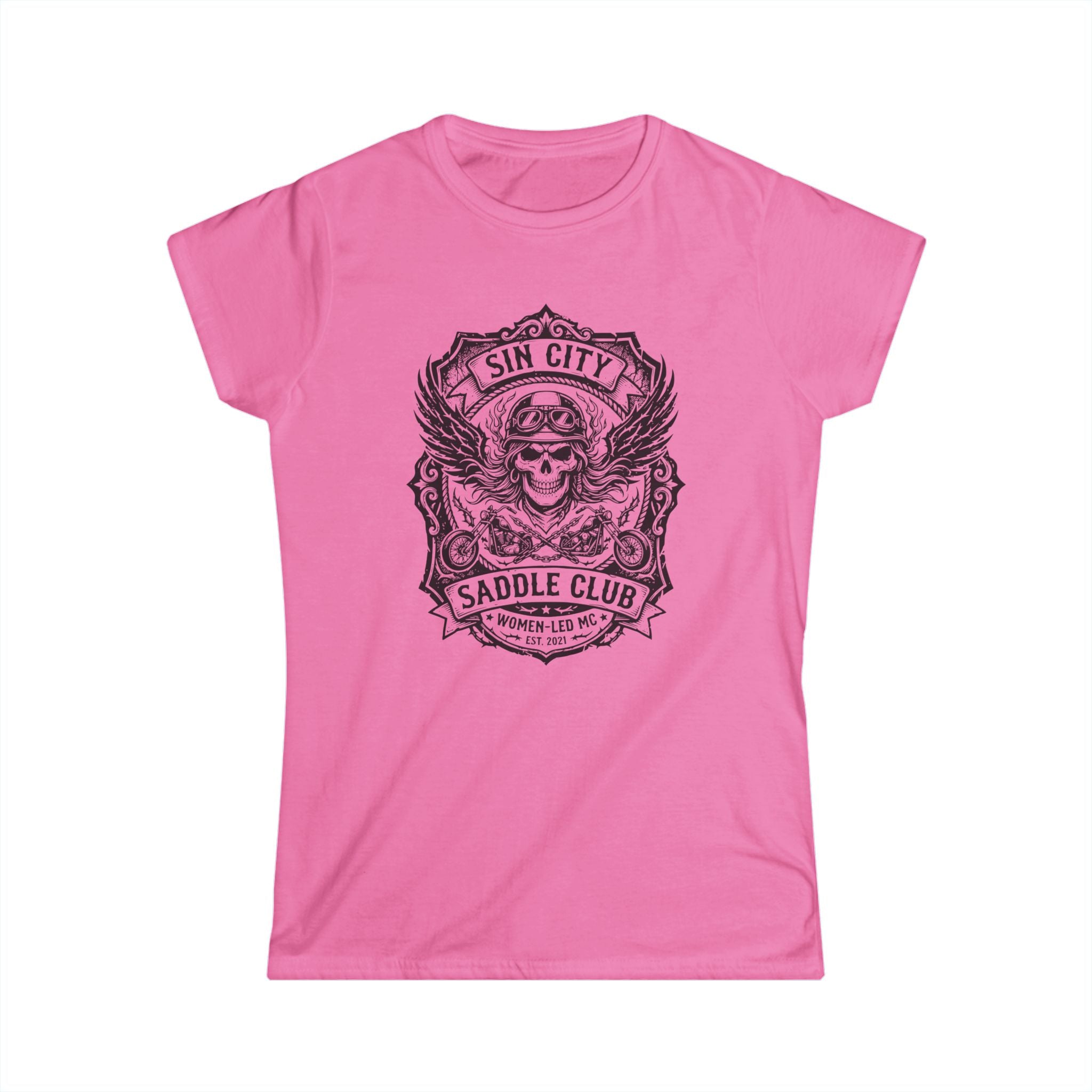 Sin City Saddle Club Skull Tee — Women's Biker Graphic T-Shirt