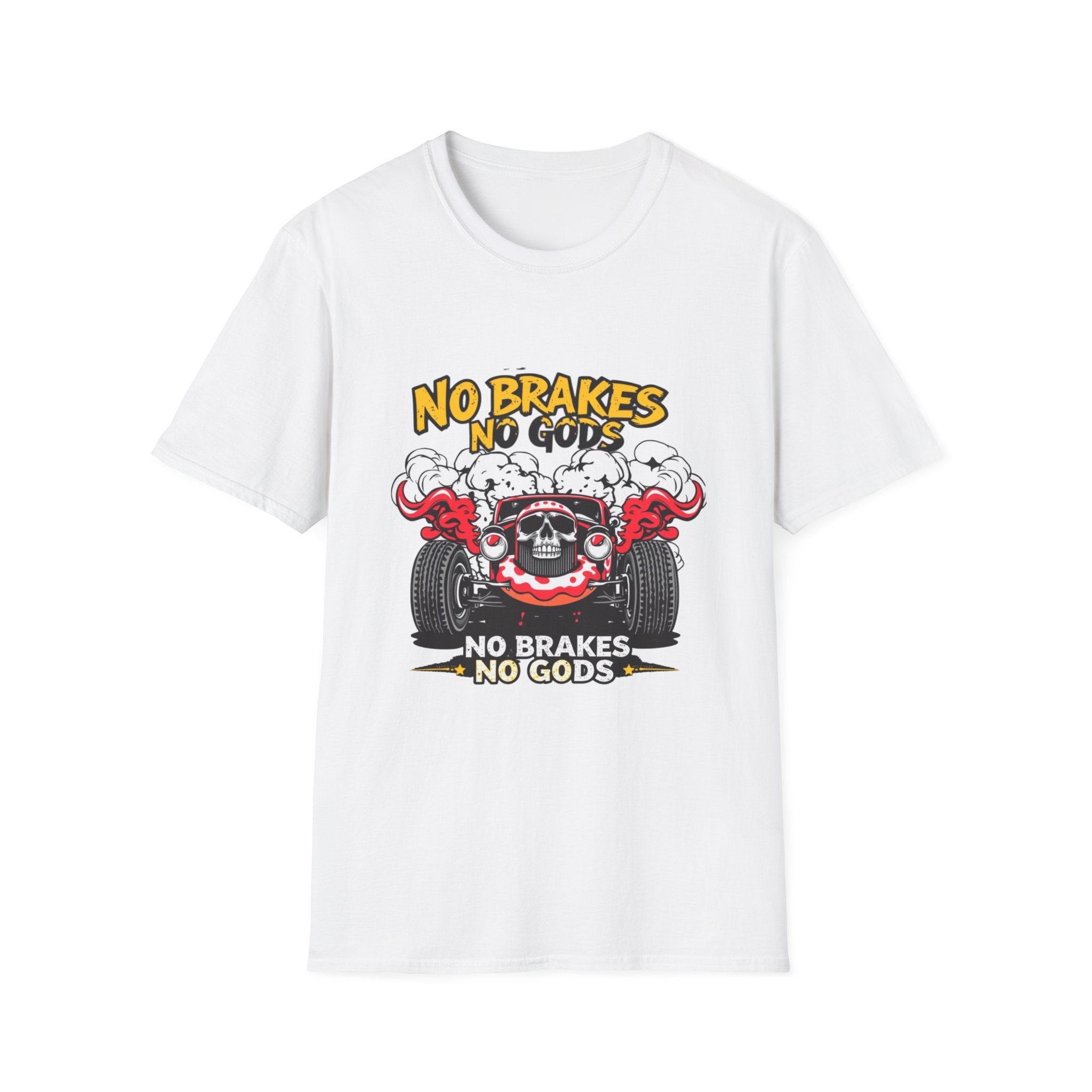 No Brakes No Gods Graphic T-Shirt — Vintage Skull Hot Rod Racing Tee