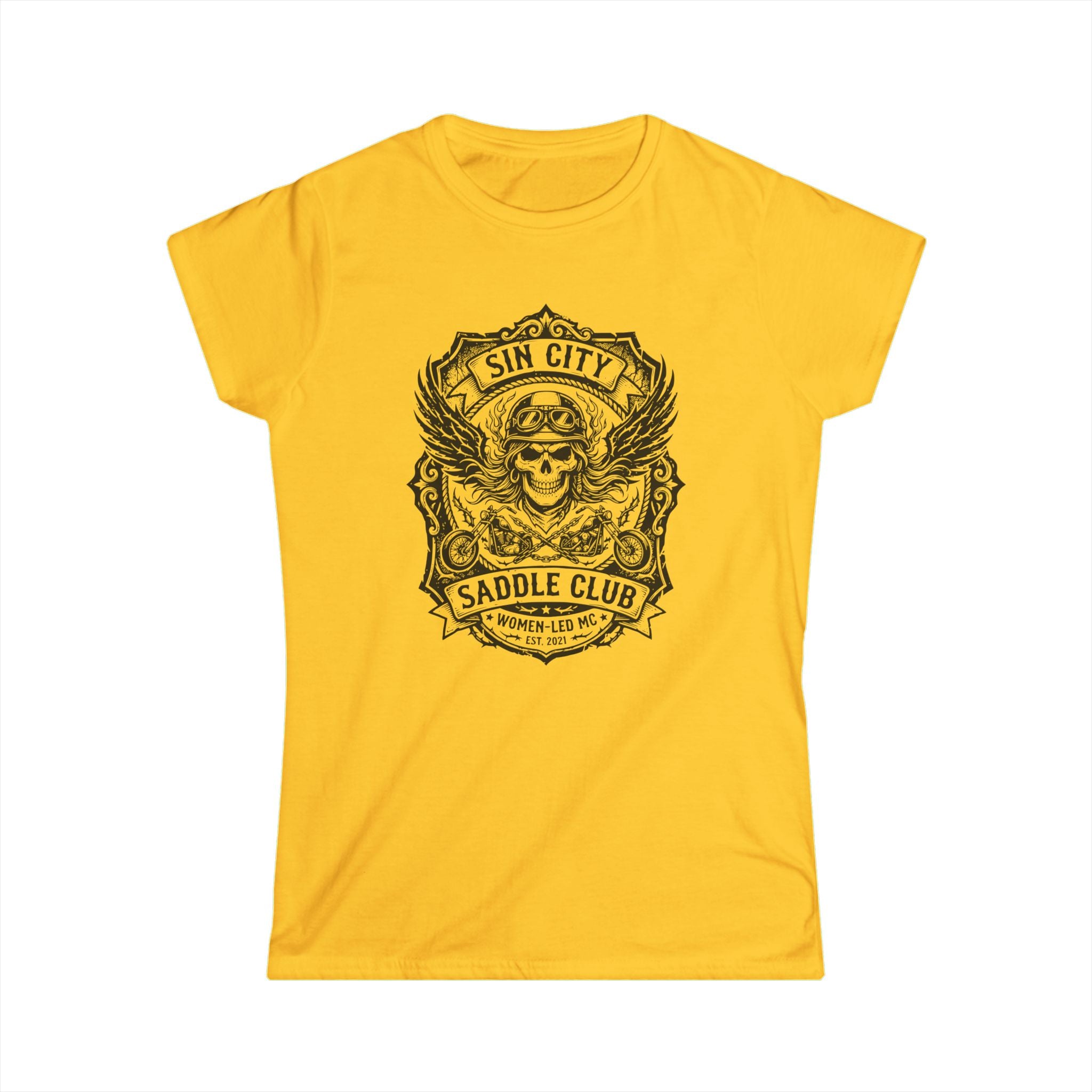 Sin City Saddle Club Skull Tee — Women's Biker Graphic T-Shirt