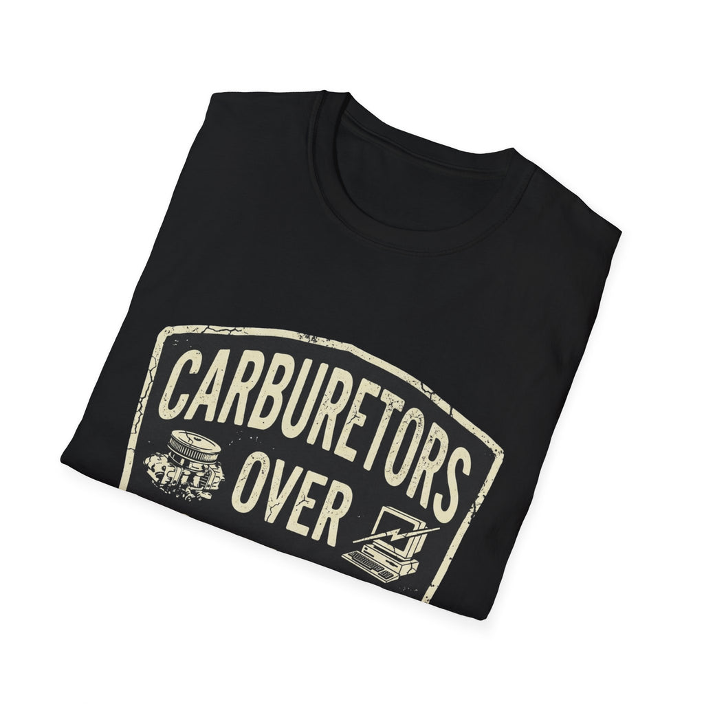 Carburetors Over Computers T-Shirt — Vintage Mechanic Pride Tee