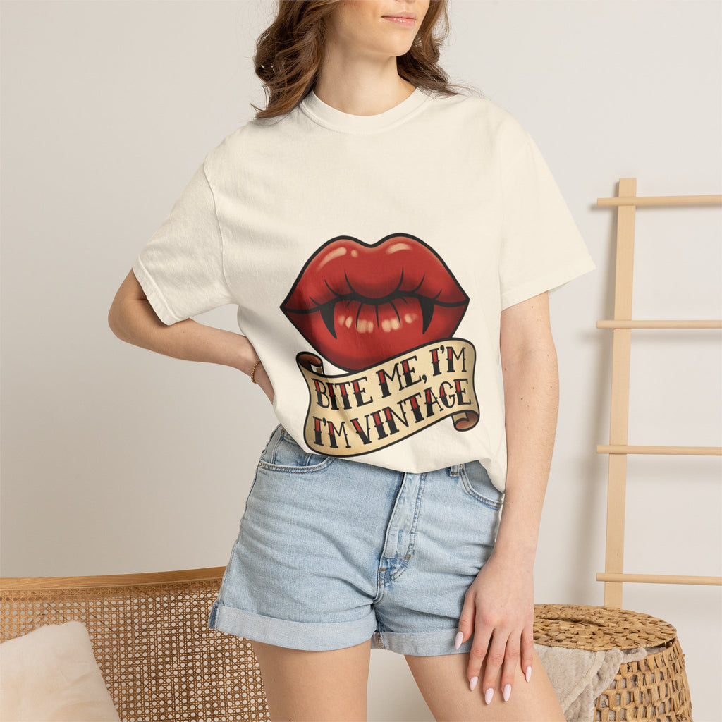 Vintage Tattoo Lips T-Shirt — "Bite Me, I'm Vintage" Graphic Tee