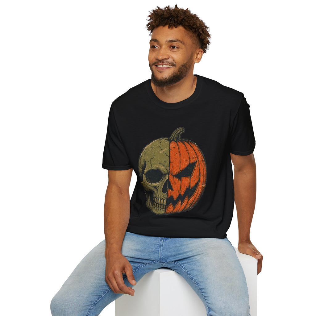 Pumpkin Skull T-Shirt — Half Jack-O’-Lantern Halloween Tee