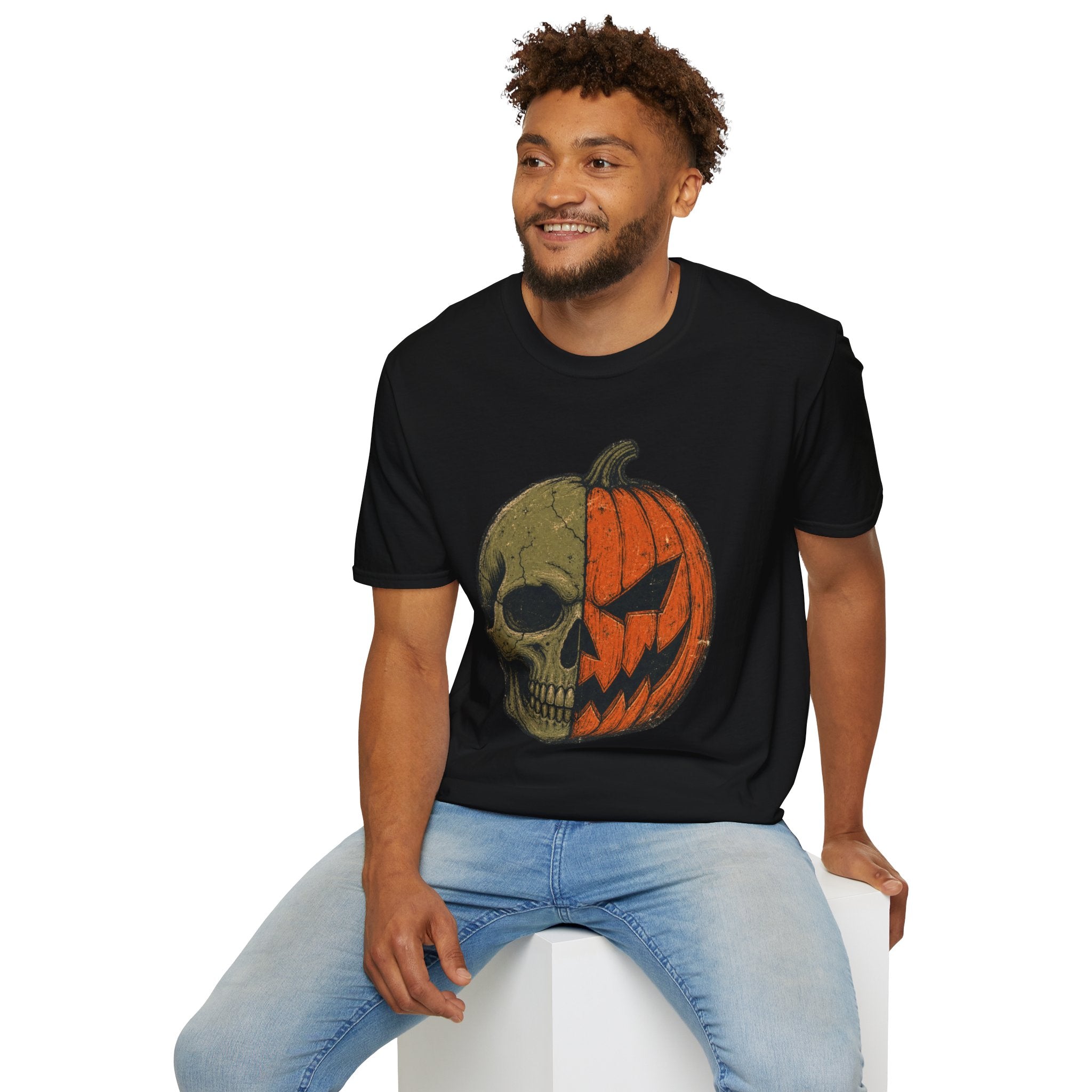 Pumpkin Skull T-Shirt — Half Jack-O’-Lantern Halloween Tee