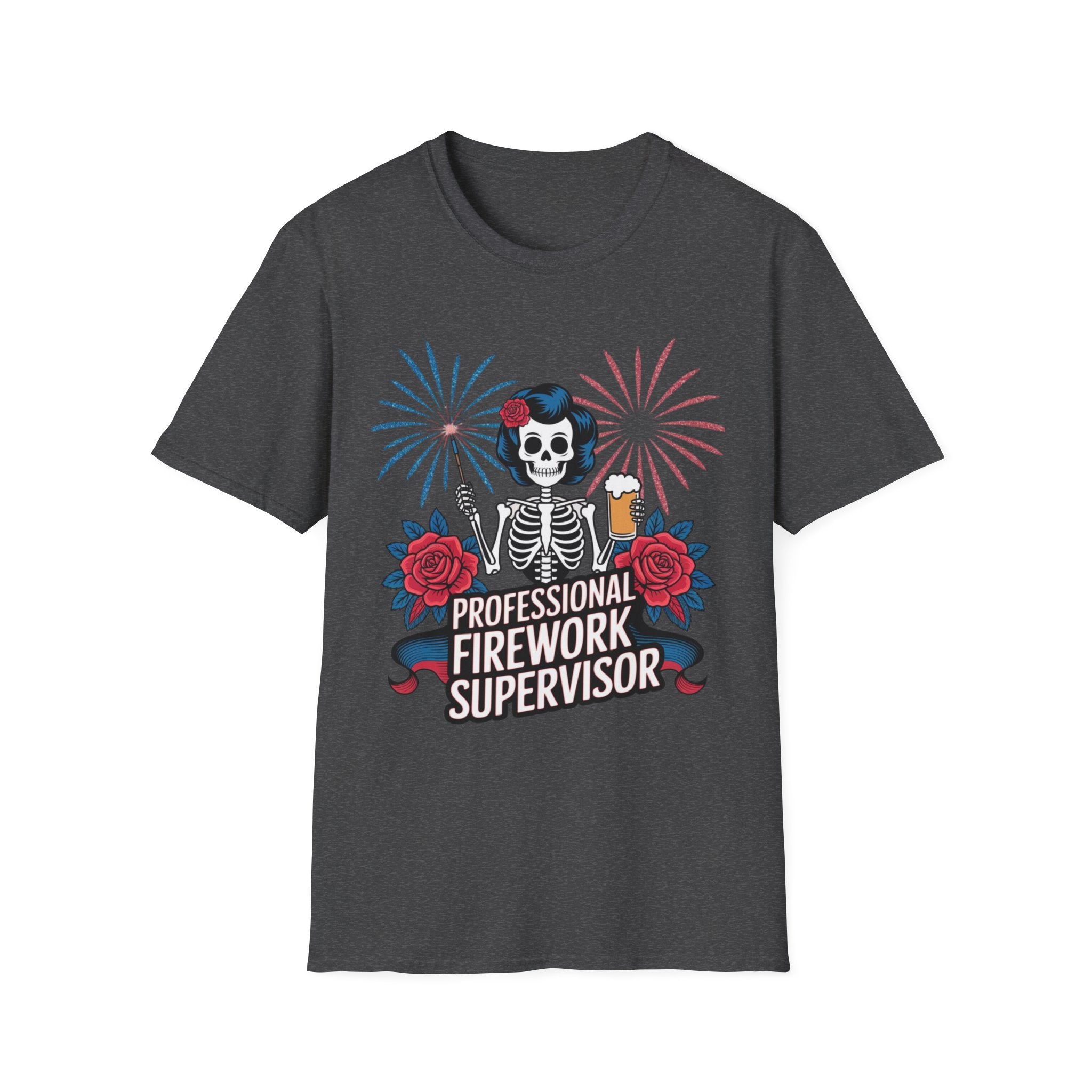 Professional Firework Supervisor T-Shirt — Patriotic Skeleton with Beer & Fireworks