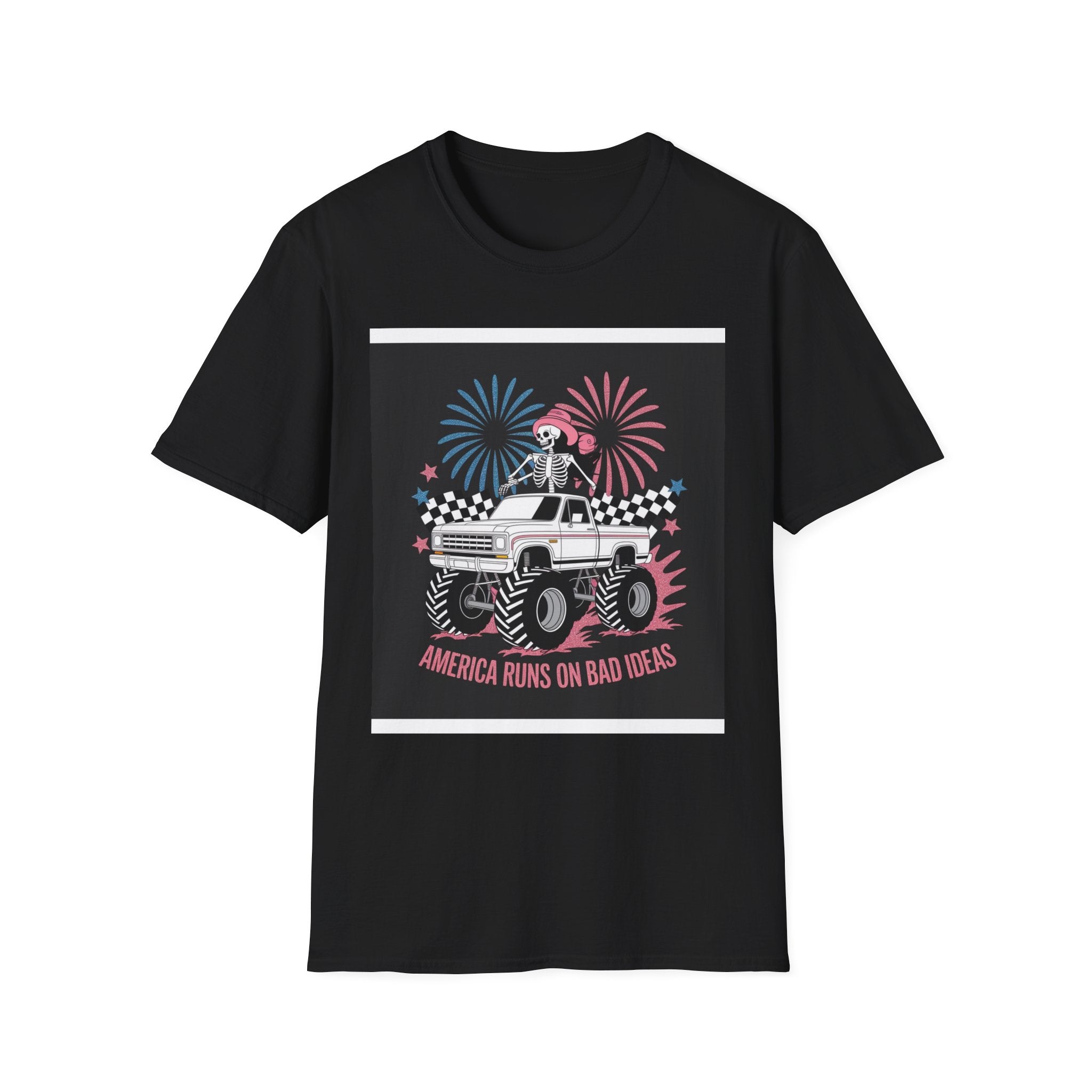 Fourth of July Monster Truck T‑Shirt — 'America Runs on Dad Jokes' Skeleton Design