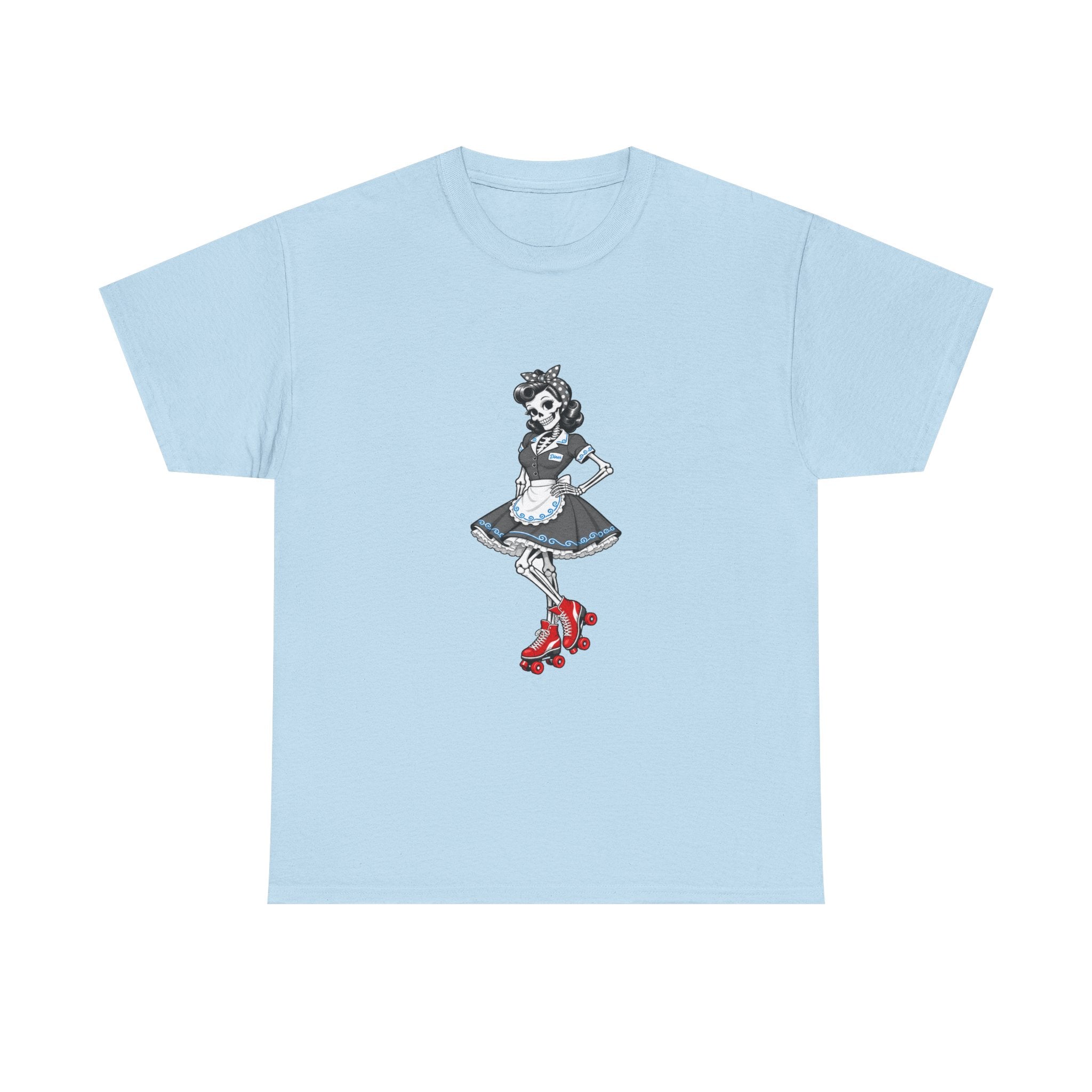 Vintage Gothic Doll T‑Shirt — Red Roller Skate Skeleton Girl Tee