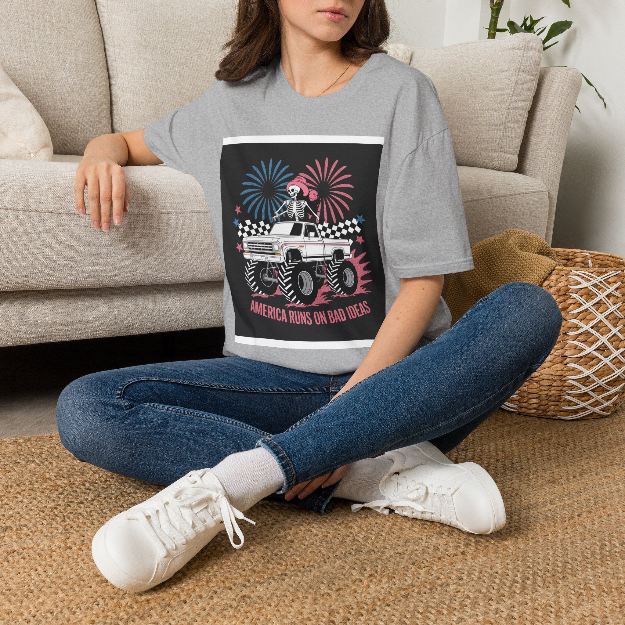 Fourth of July Monster Truck T‑Shirt — 'America Runs on Dad Jokes' Skeleton Design