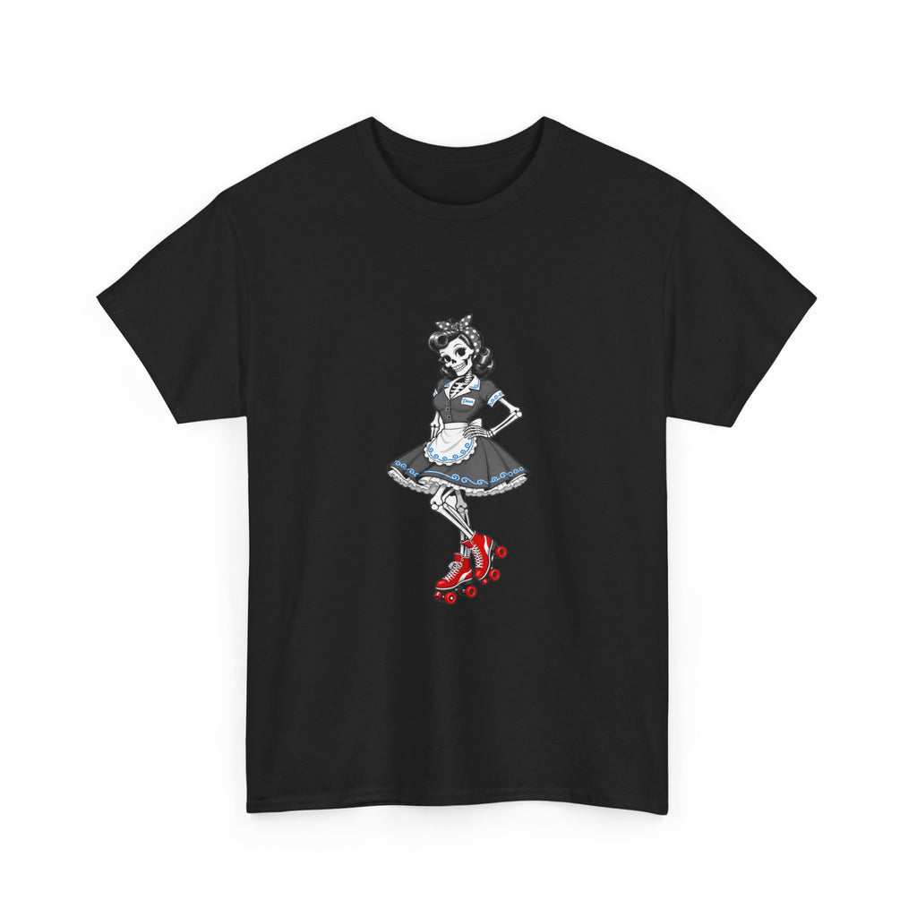 Vintage Gothic Doll T‑Shirt — Red Roller Skate Skeleton Girl Tee