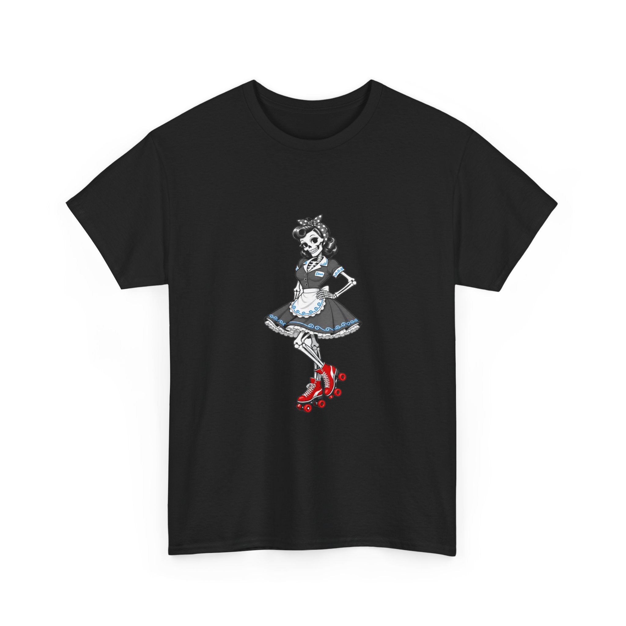 Vintage Gothic Doll T‑Shirt — Red Roller Skate Skeleton Girl Tee