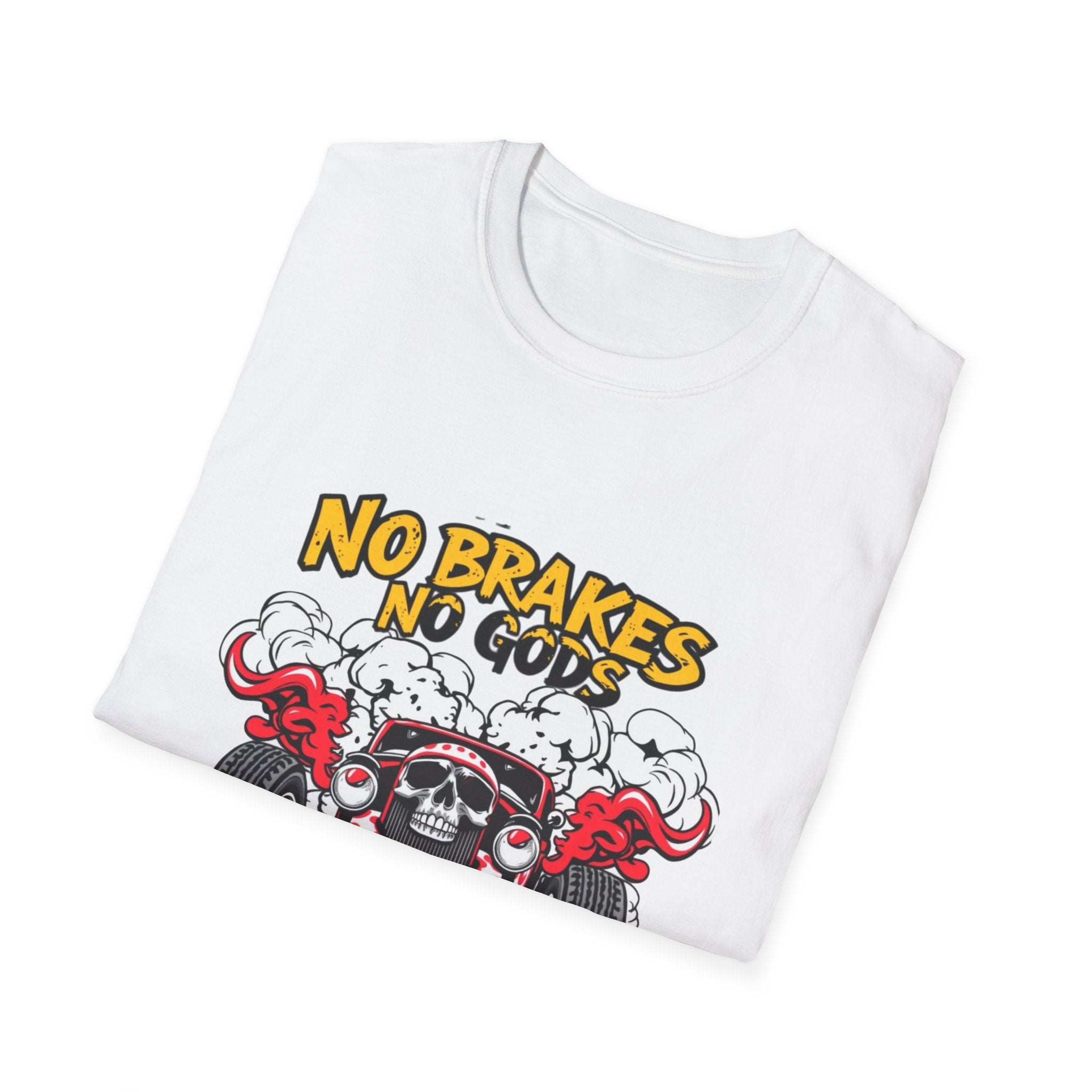 No Brakes No Gods Graphic T-Shirt — Vintage Skull Hot Rod Racing Tee