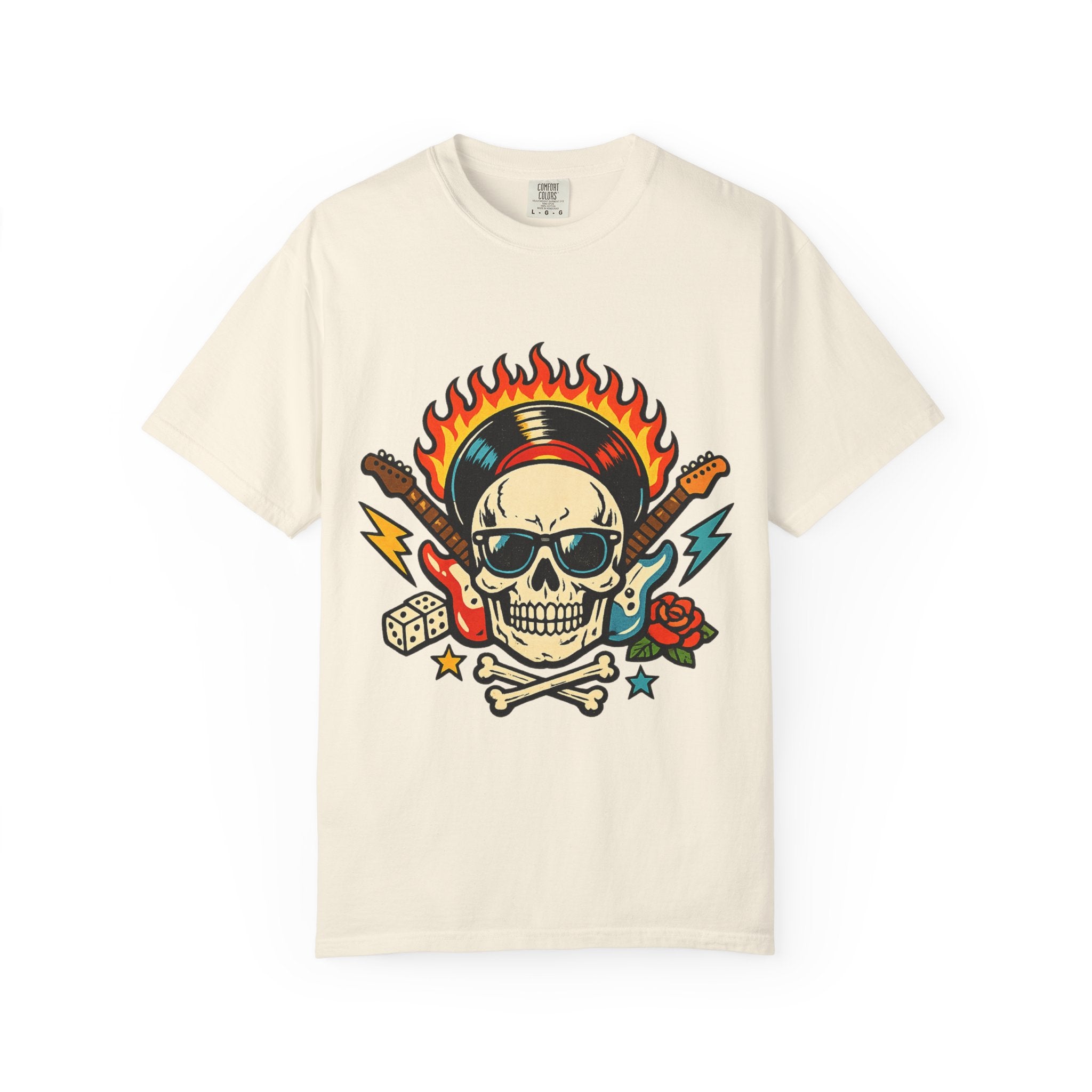 Rock Skull Graphic T-Shirt — Flaming Skull, Guitars & Dice Tattoo Art