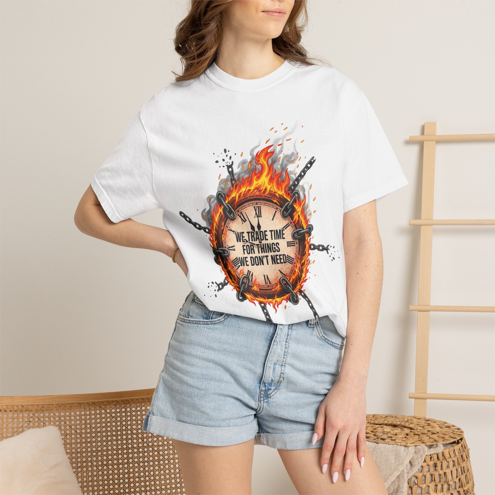 Burning Wheel Graphic T-Shirt — "We Trade Time for Things We Don't Need"